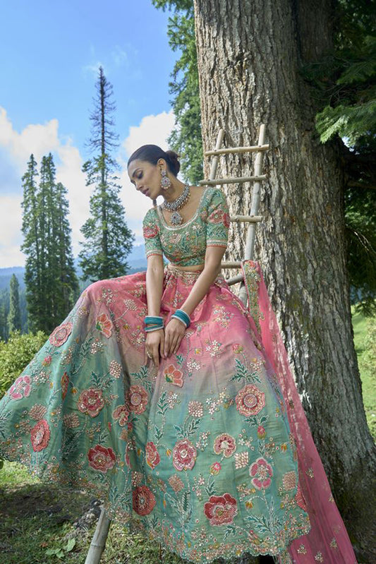 Exquisite Pista Gajri Shading Circular Lehenga Set in Tissue Zari with Silk Blouse and Gajri Net Dupatta