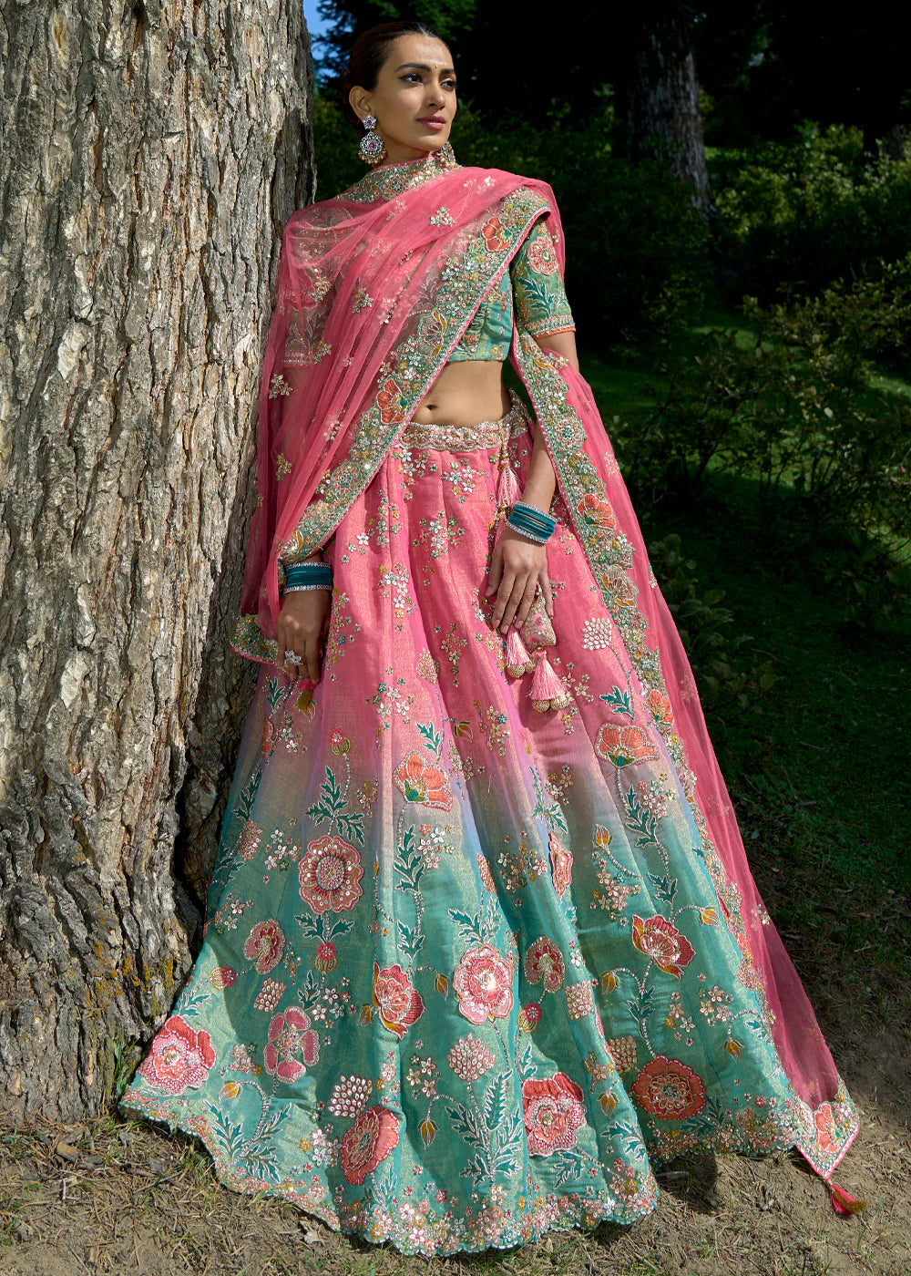 Exquisite Pista Gajri Shading Circular Lehenga Set in Tissue Zari with Silk Blouse and Gajri Net Dupatta