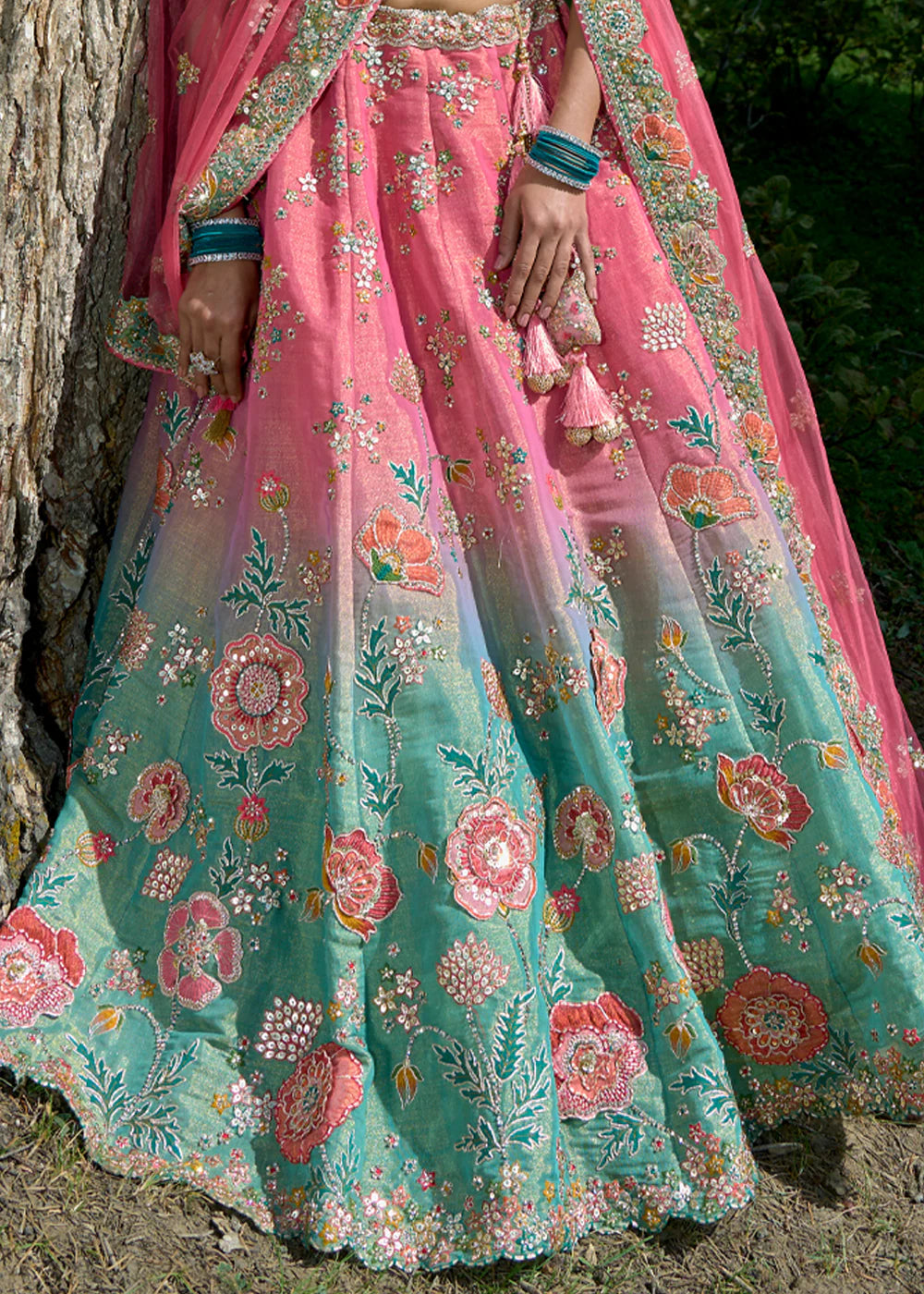 Exquisite Pista Gajri Shading Circular Lehenga Set in Tissue Zari with Silk Blouse and Gajri Net Dupatta