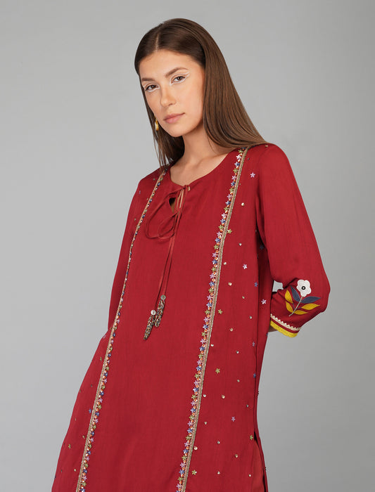 Flower Sequin Garnet Tunic Set