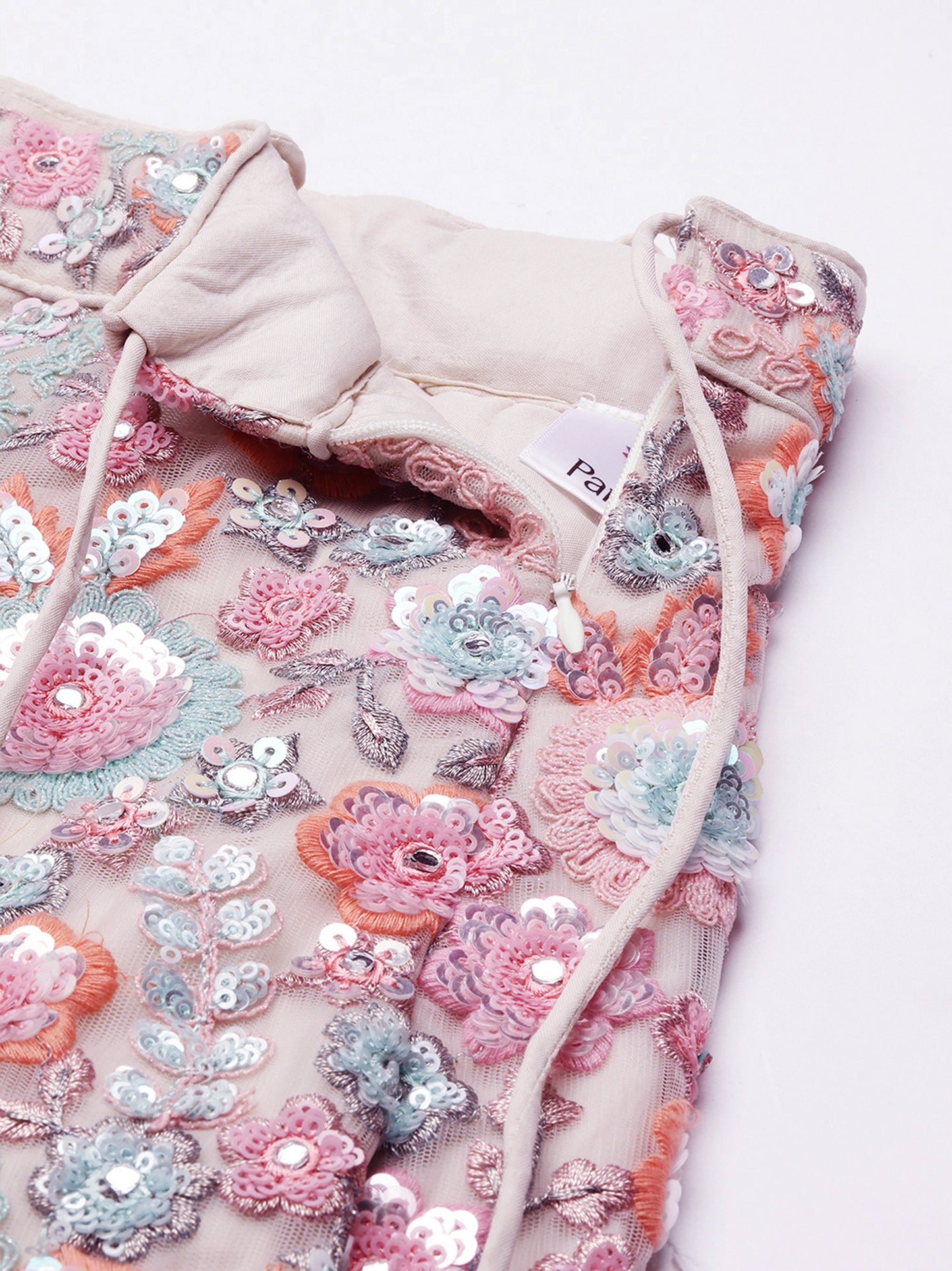 Cream Net Sequins, Mirror and thread embroidery Lehenga