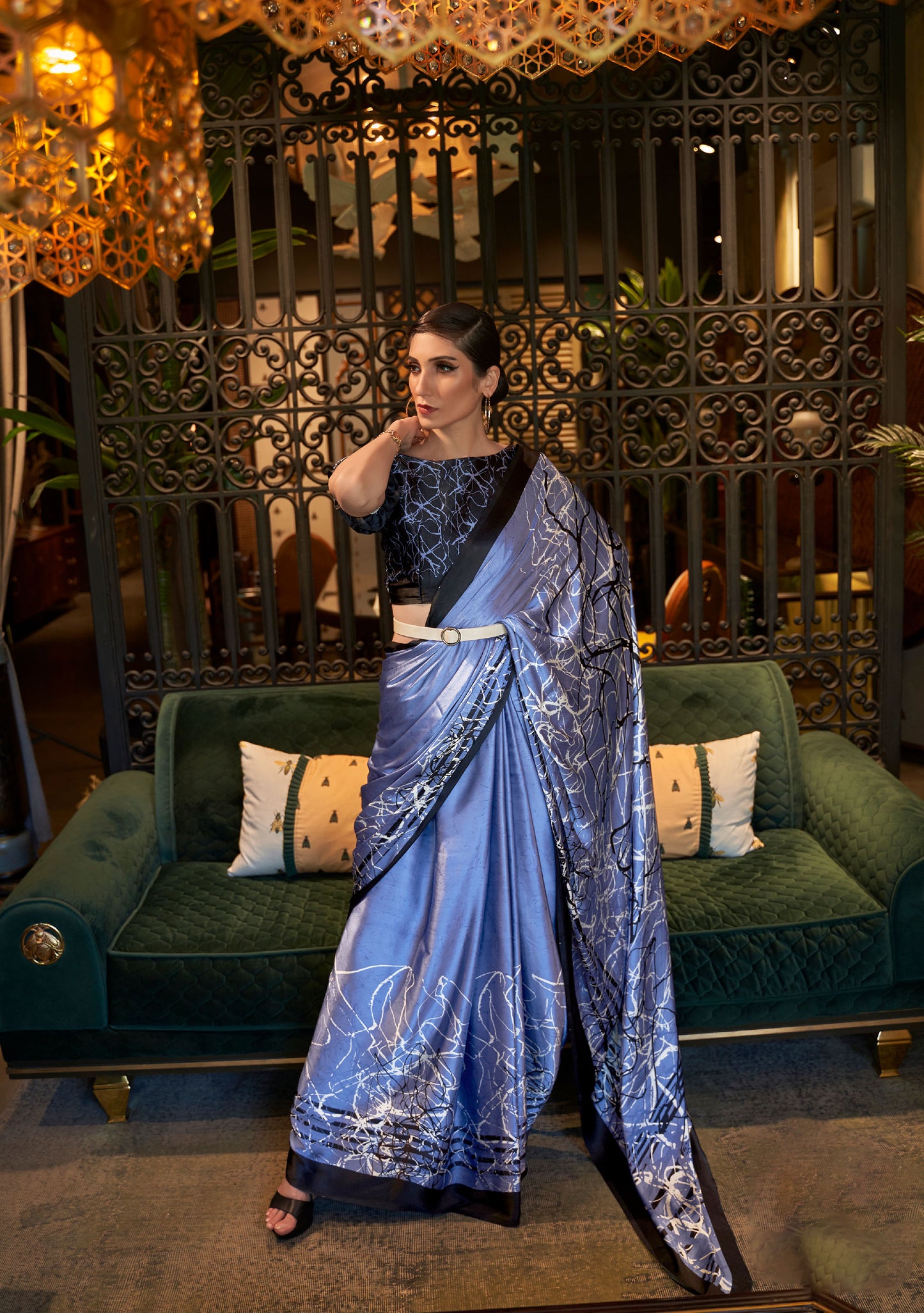 Blue Kalizey Printed Japan Satin Saree