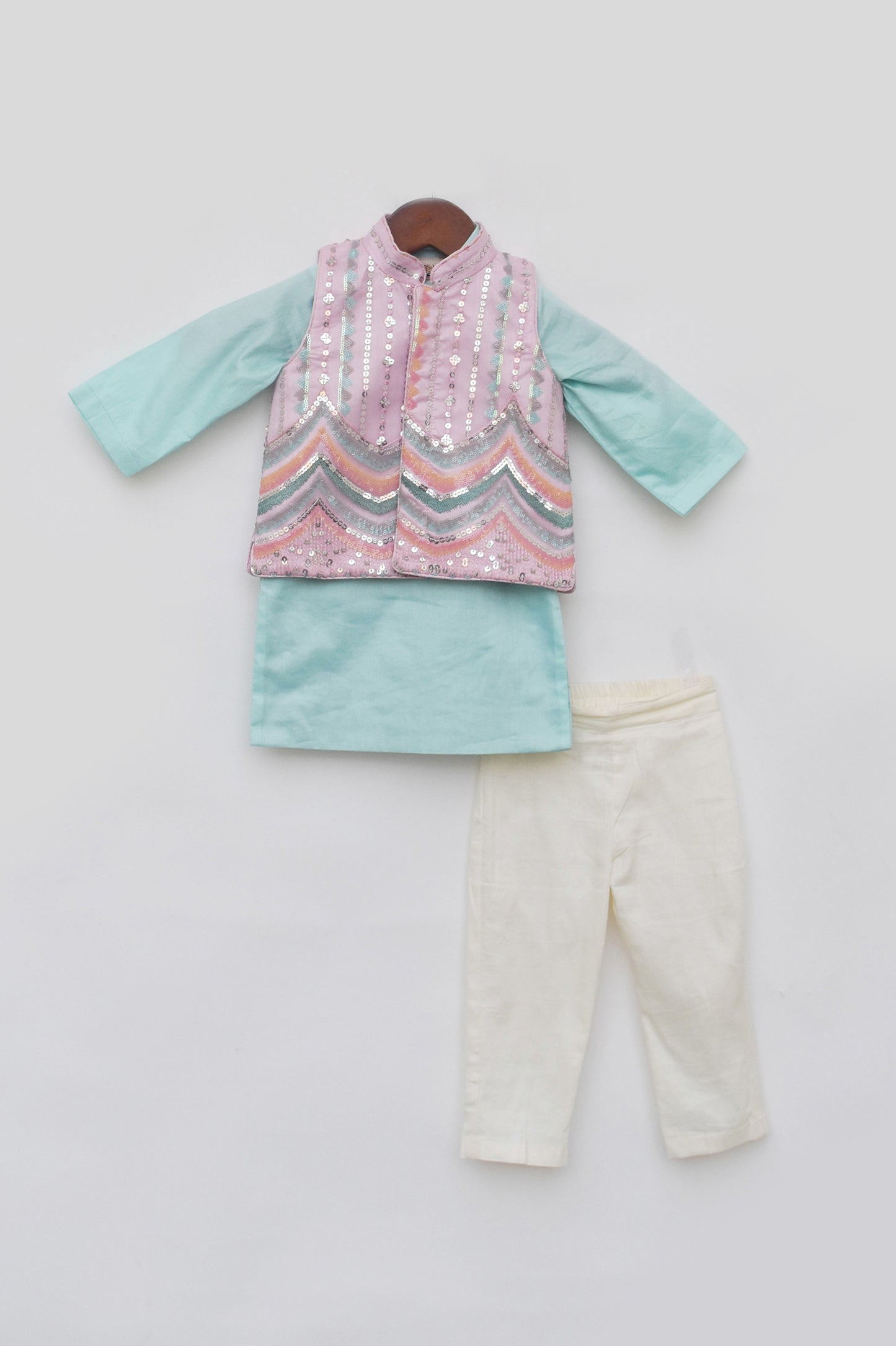 Blue Kurta with Pink Embroidery Nehru Jacket Set