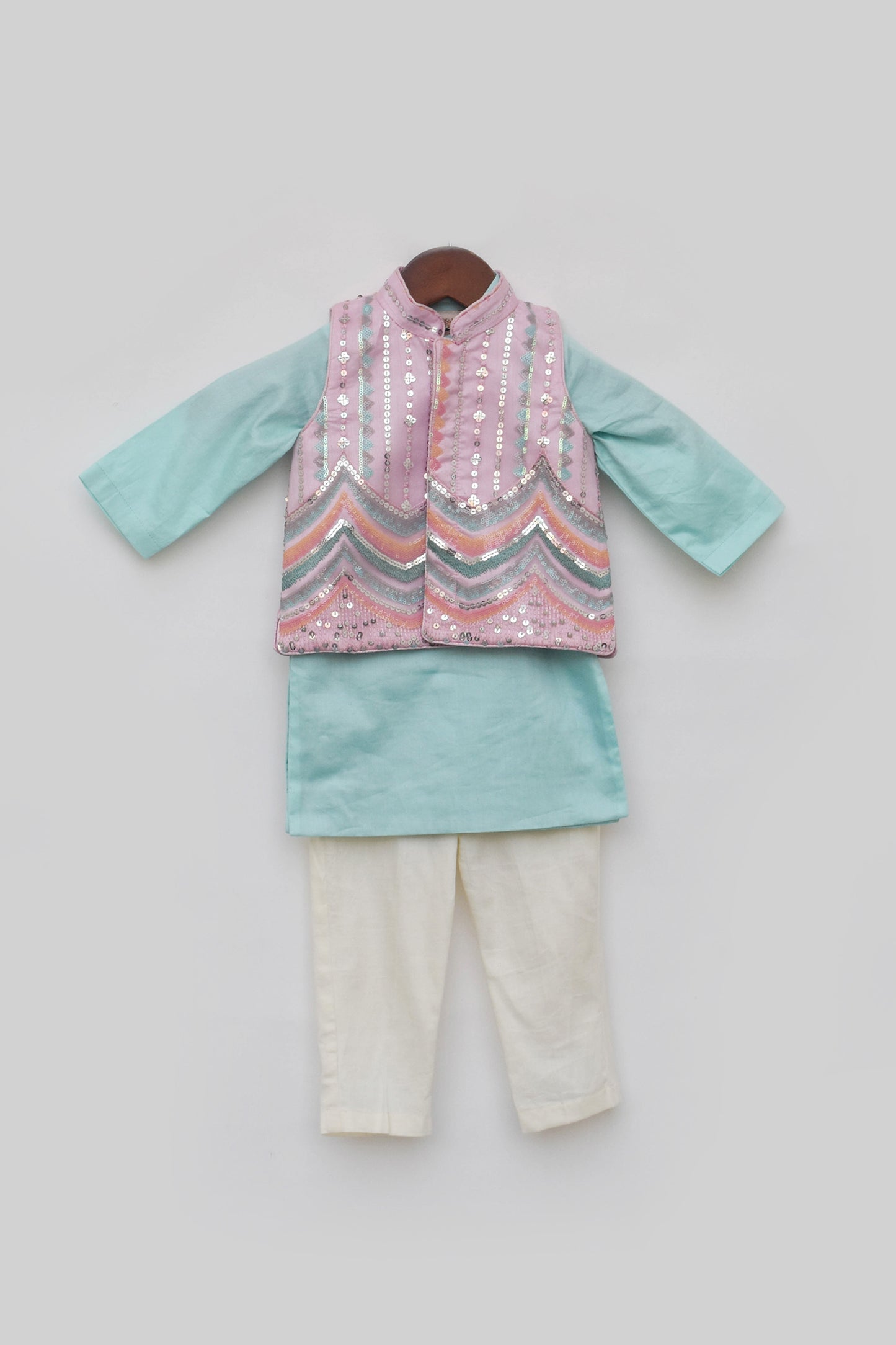 Blue Kurta with Pink Embroidery Nehru Jacket Set