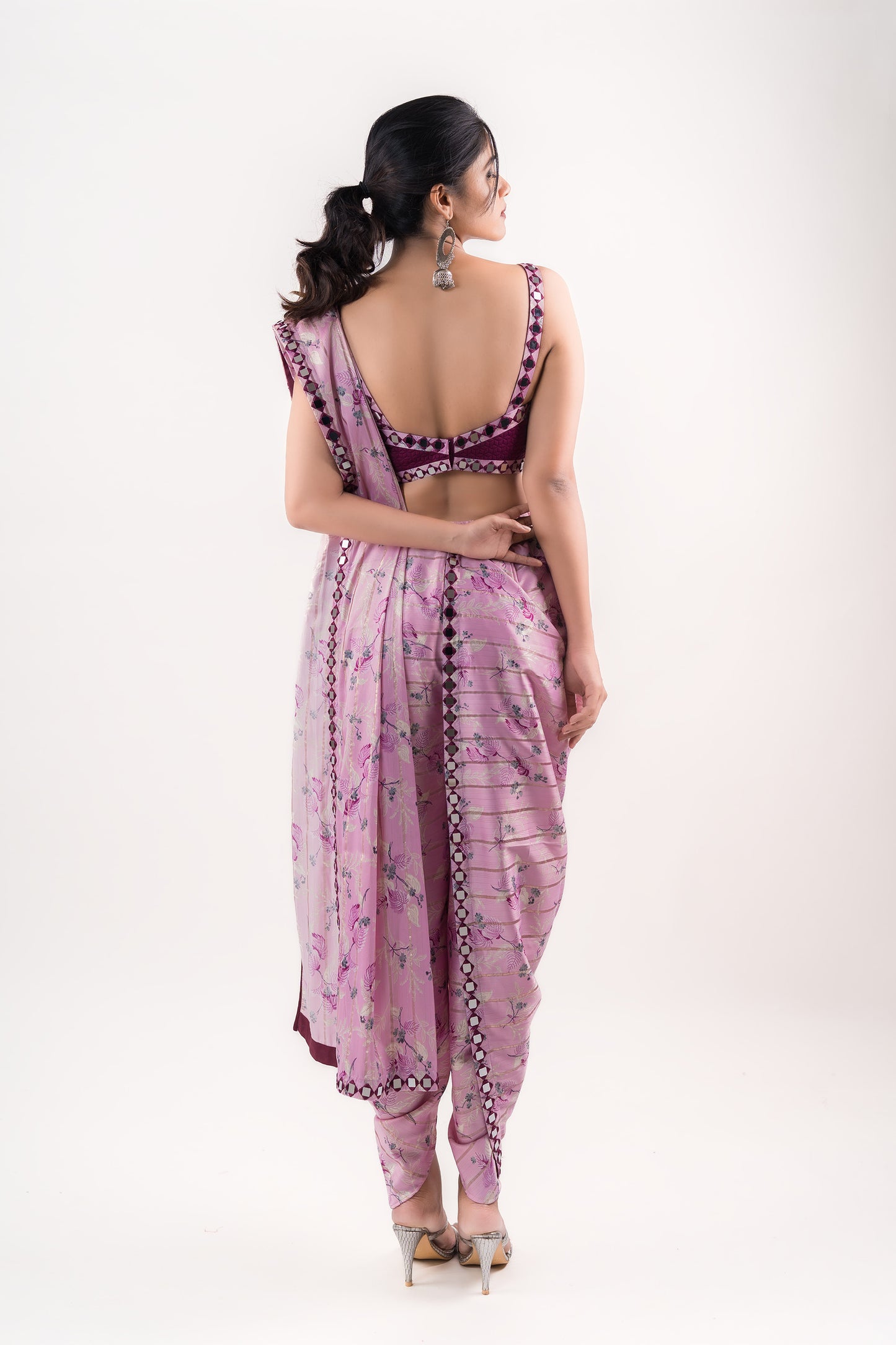 Wine Quilted crop top, draped dhoti pants