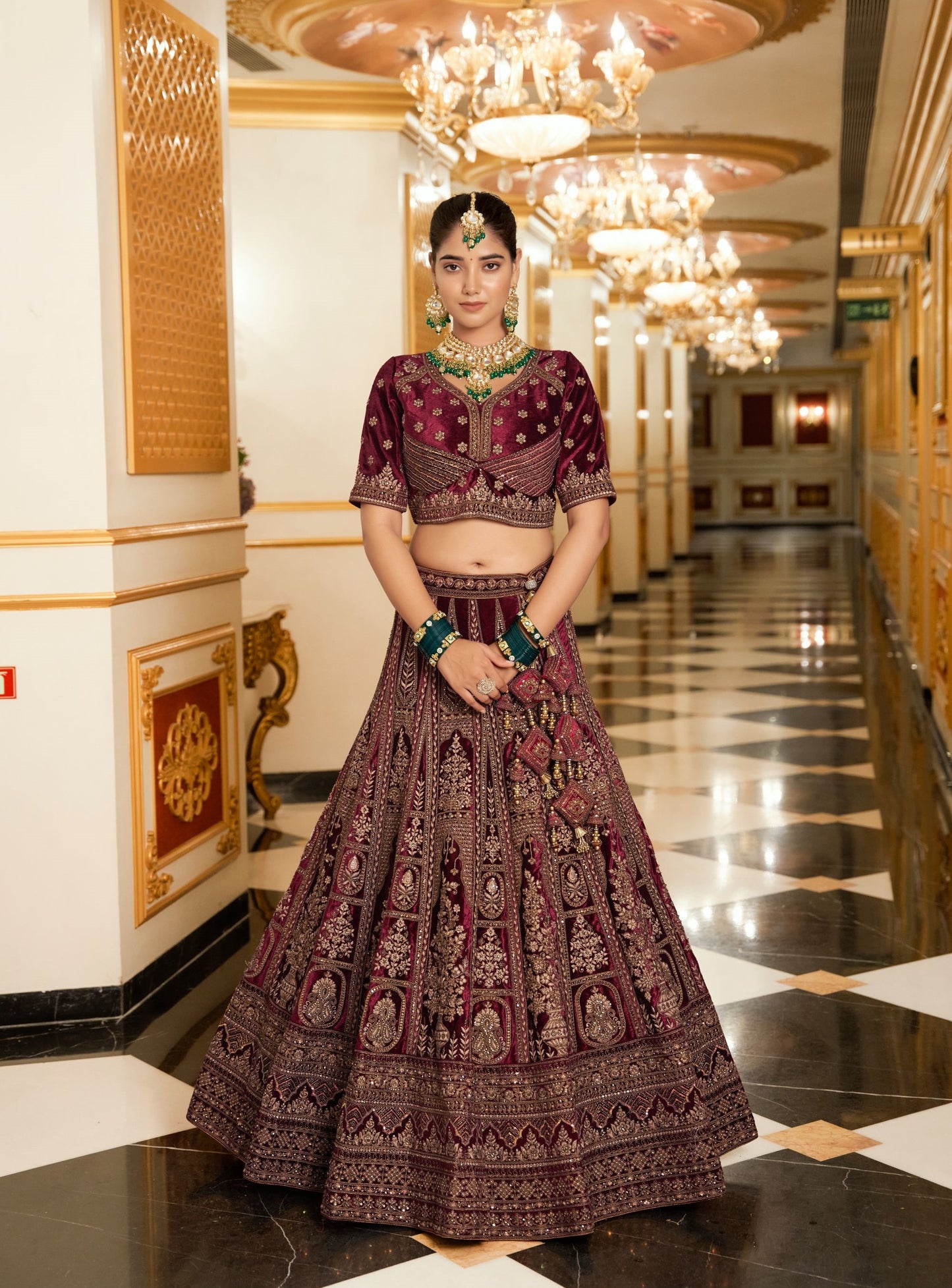 Marron Zarkan and Mirror Heavy Embroidery Velvet Bridal Lehenga