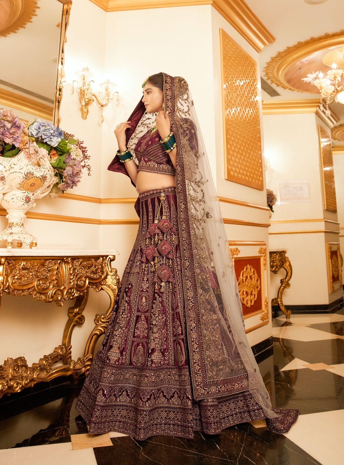 Marron Zarkan and Mirror Heavy Embroidery Velvet Bridal Lehenga