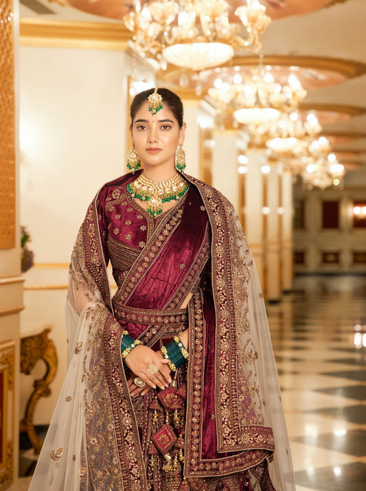 Marron Zarkan and Mirror Heavy Embroidery Velvet Bridal Lehenga