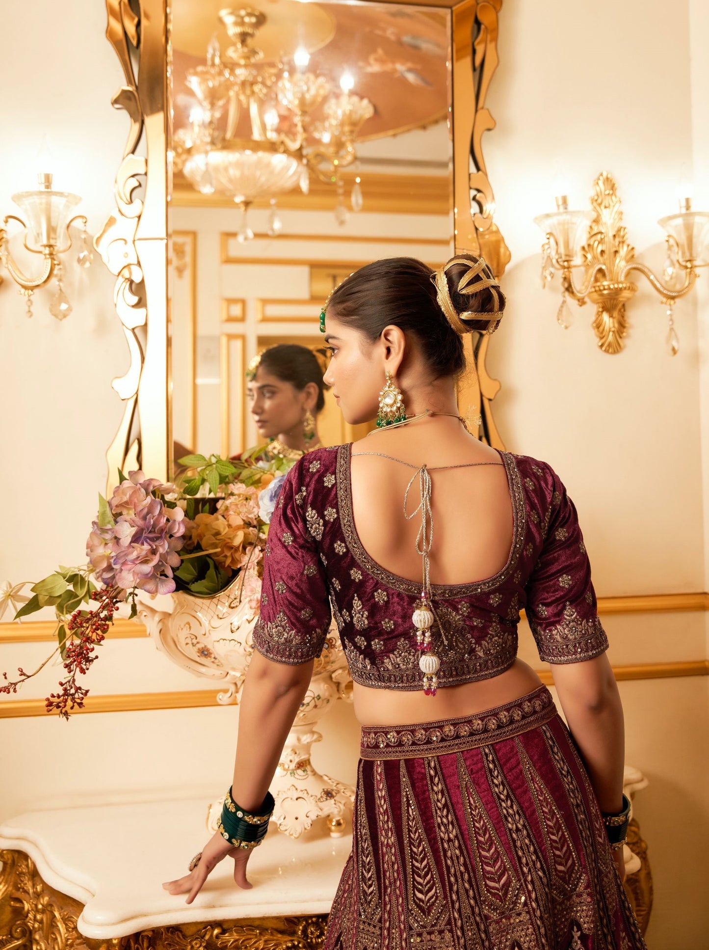 Marron Zarkan and Mirror Heavy Embroidery Velvet Bridal Lehenga