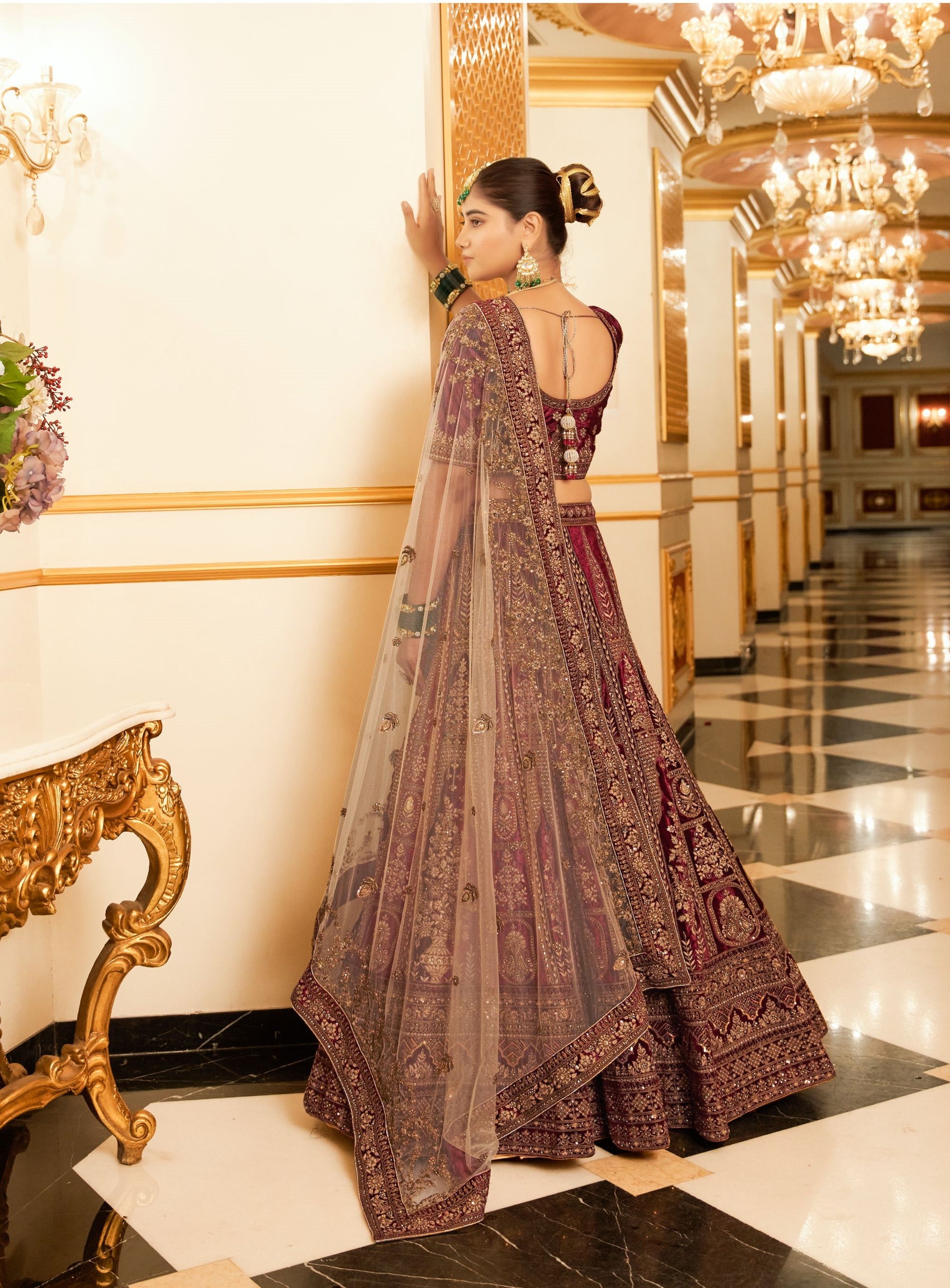 Marron Zarkan and Mirror Heavy Embroidery Velvet Bridal Lehenga