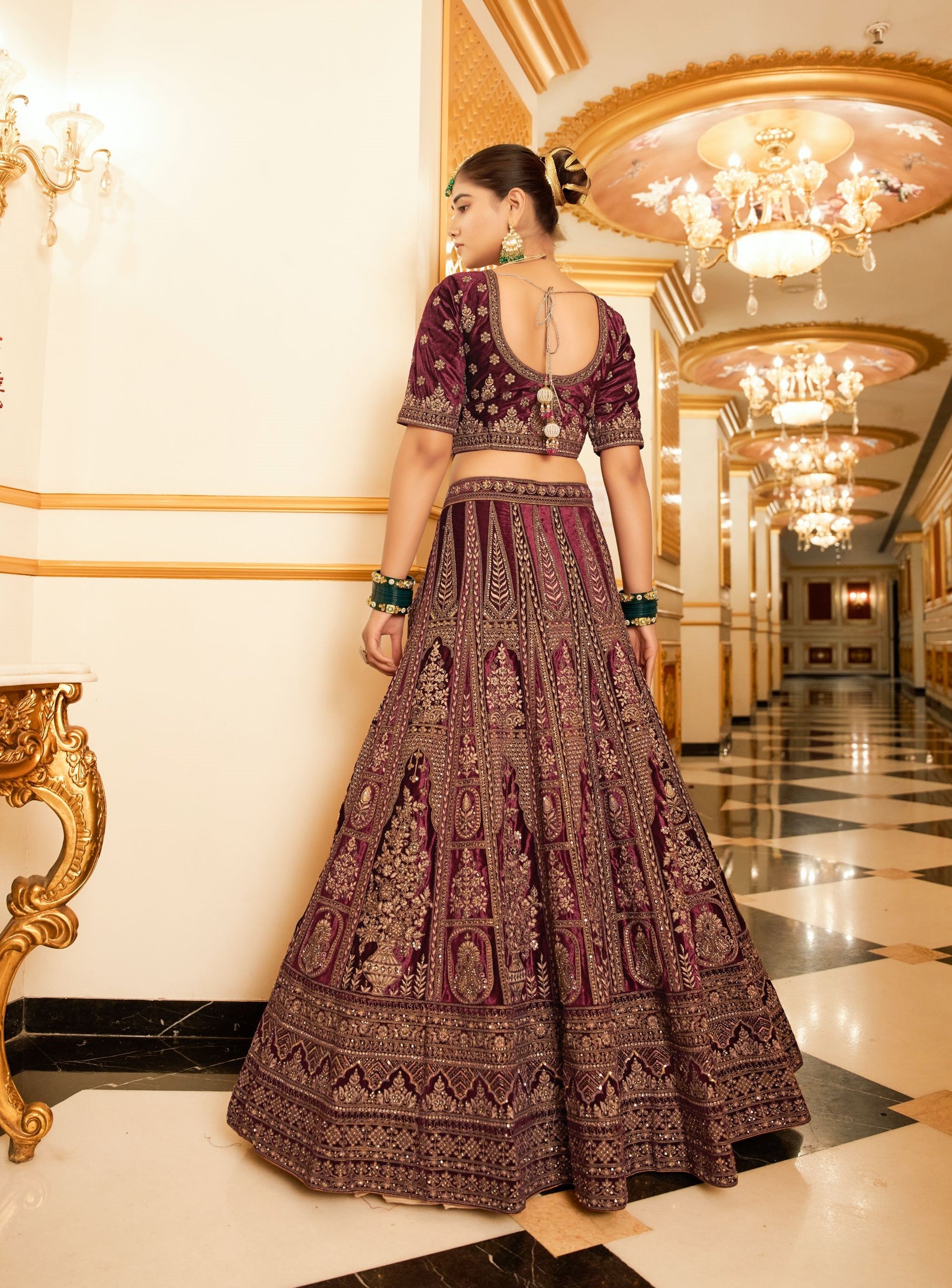 Marron Zarkan and Mirror Heavy Embroidery Velvet Bridal Lehenga