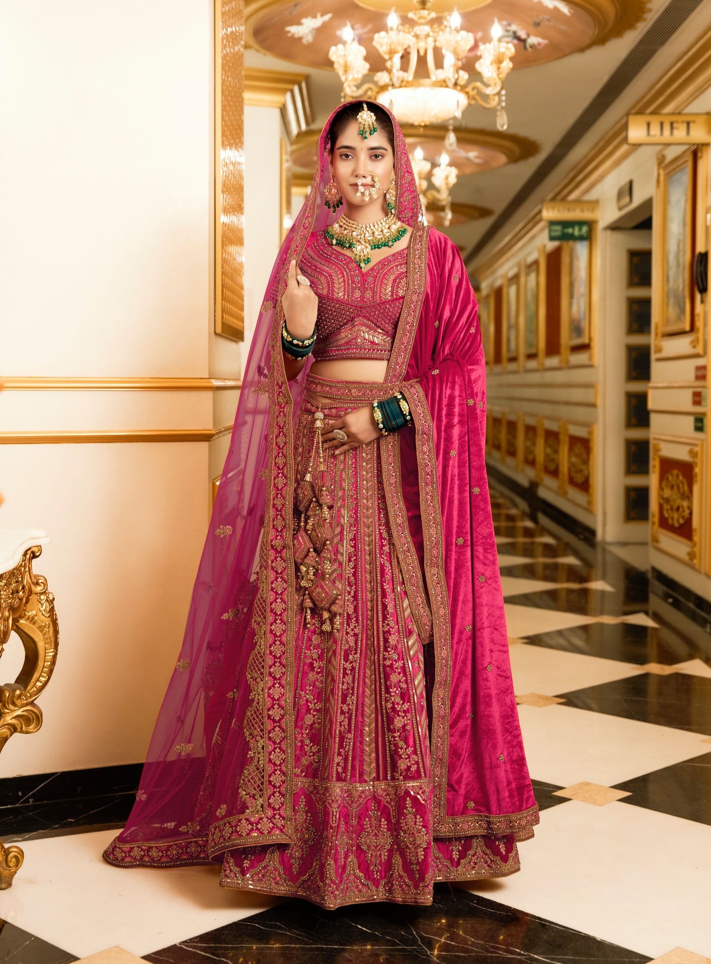 Pink Zarkan and Mirror Heavy Embroidery Velvet Bridal Lehenga