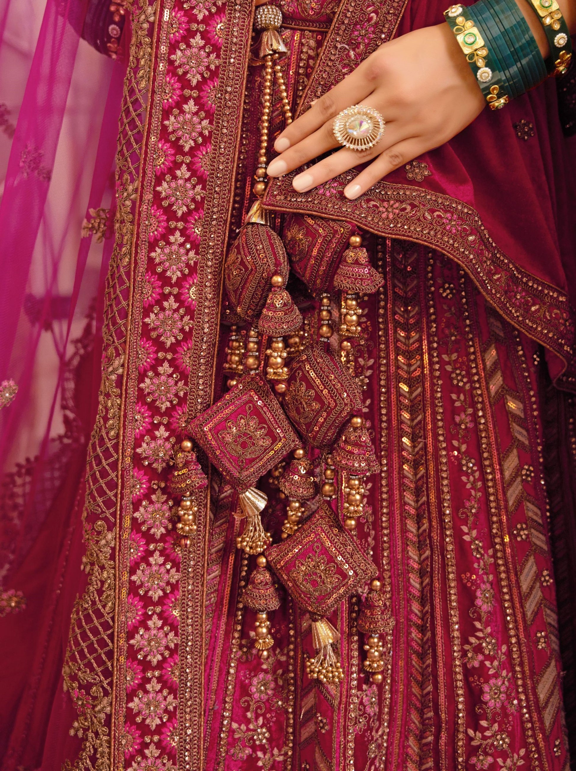 Pink Zarkan and Mirror Heavy Embroidery Velvet Bridal Lehenga