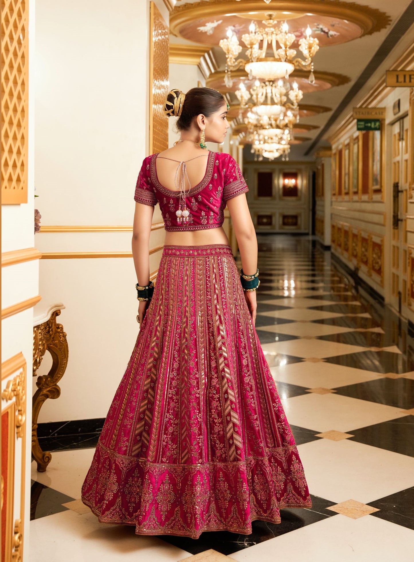 Pink Zarkan and Mirror Heavy Embroidery Velvet Bridal Lehenga