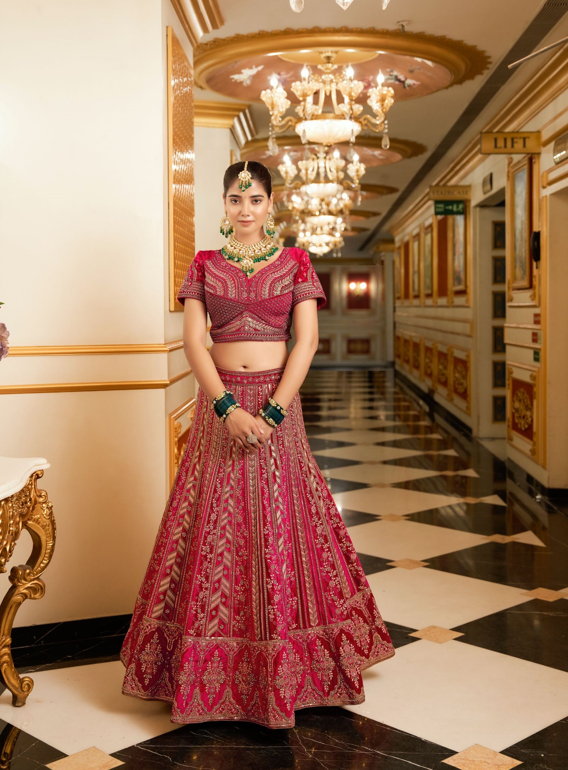 Pink Zarkan and Mirror Heavy Embroidery Velvet Bridal Lehenga