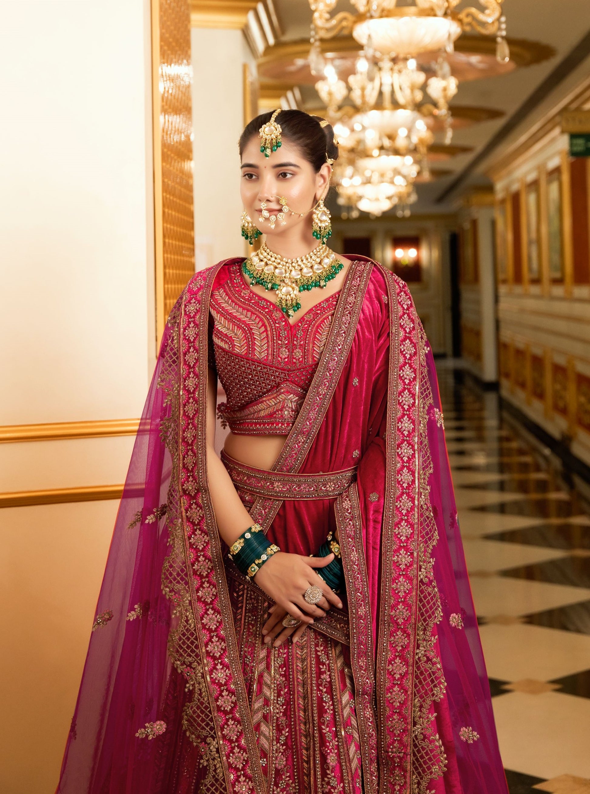 Pink Zarkan and Mirror Heavy Embroidery Velvet Bridal Lehenga