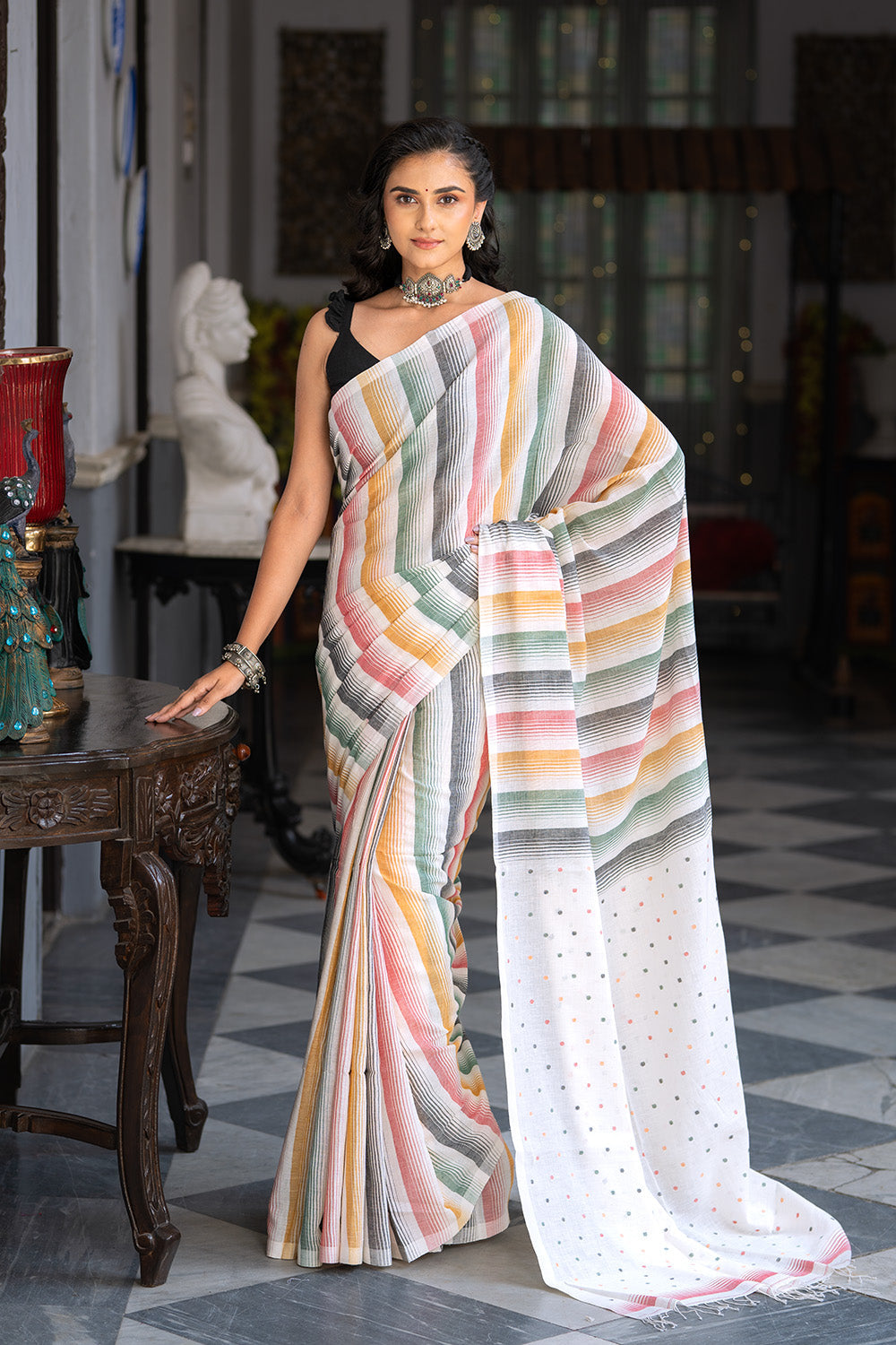 Handloom Cream Soft Cotton Multi Colour Polka Jamdani Saree