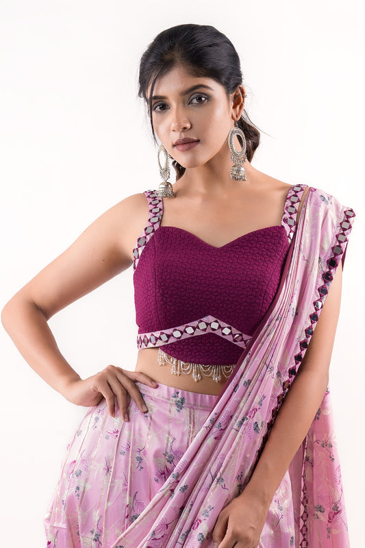 Wine Quilted crop top, draped dhoti pants