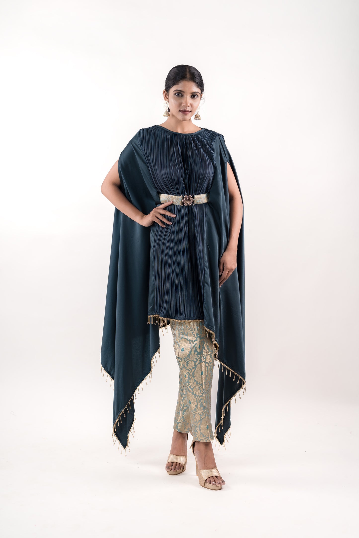 Asymmetric Teal Blue Kaftan paired with Ideal Brocade Pants and Belt