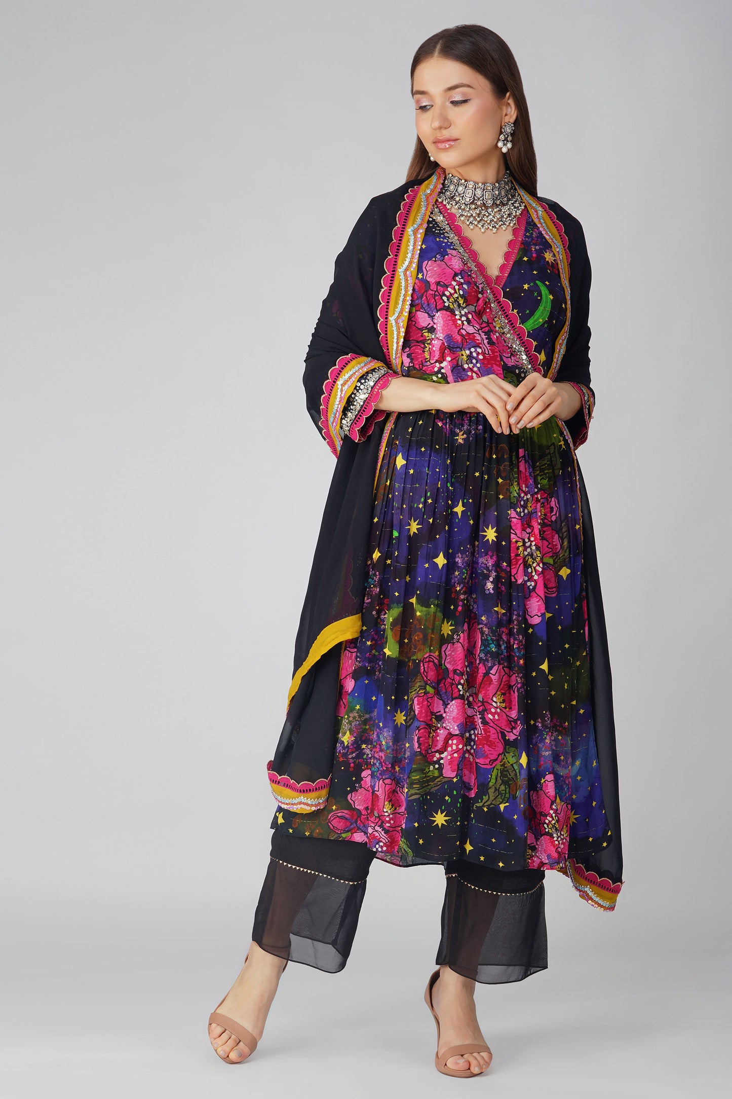 Black Crepe Big Flower Angrakha Set