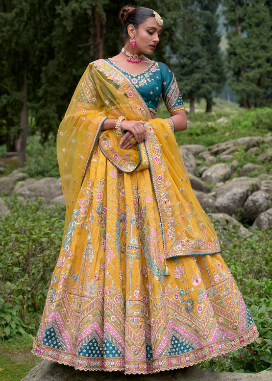 Elegant Mustard Yellow Circular Lehenga Set in Gudwal Self Pure Viscos with Silk Blouse and Rama Net Dupatta