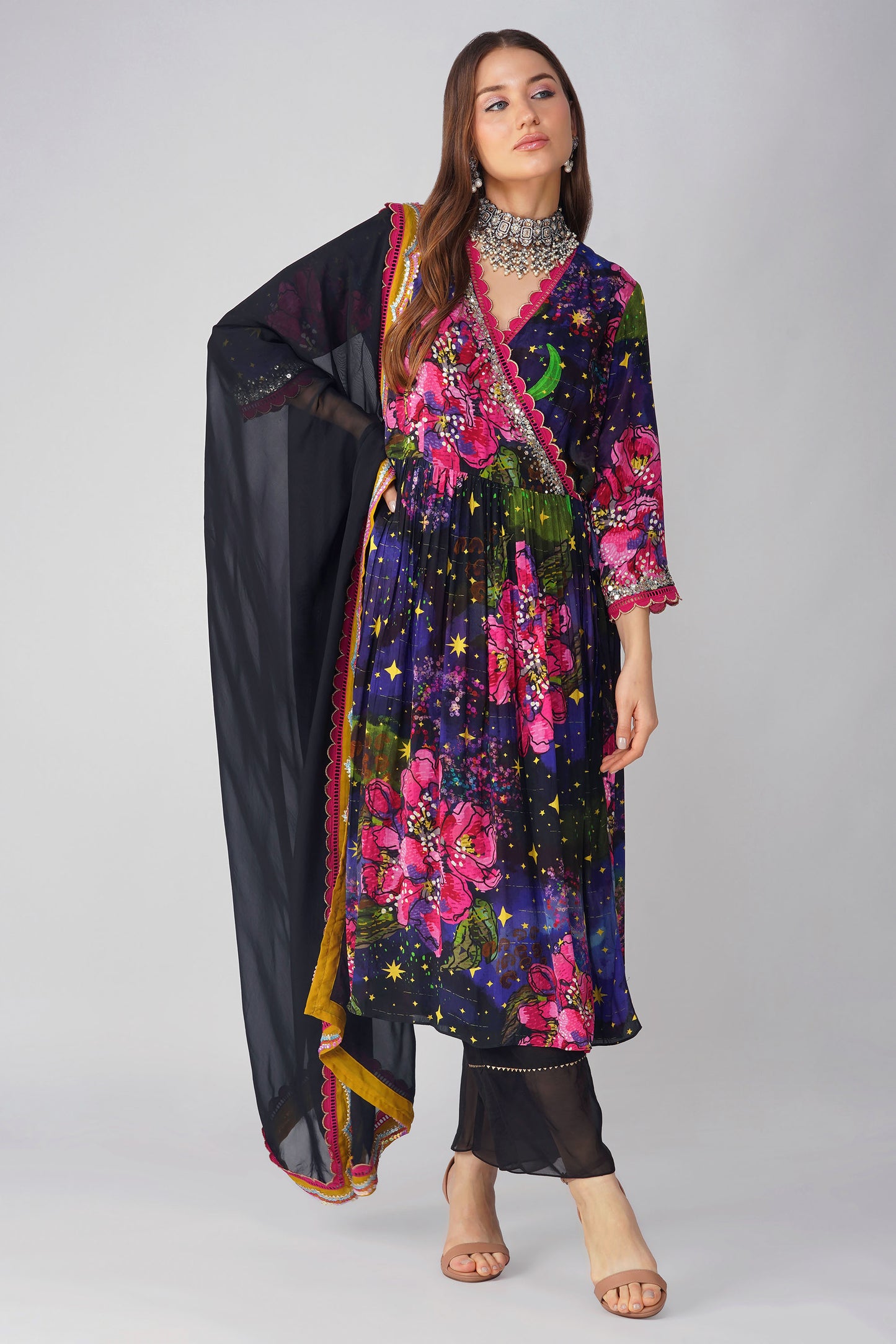 Black Crepe Big Flower Angrakha Set