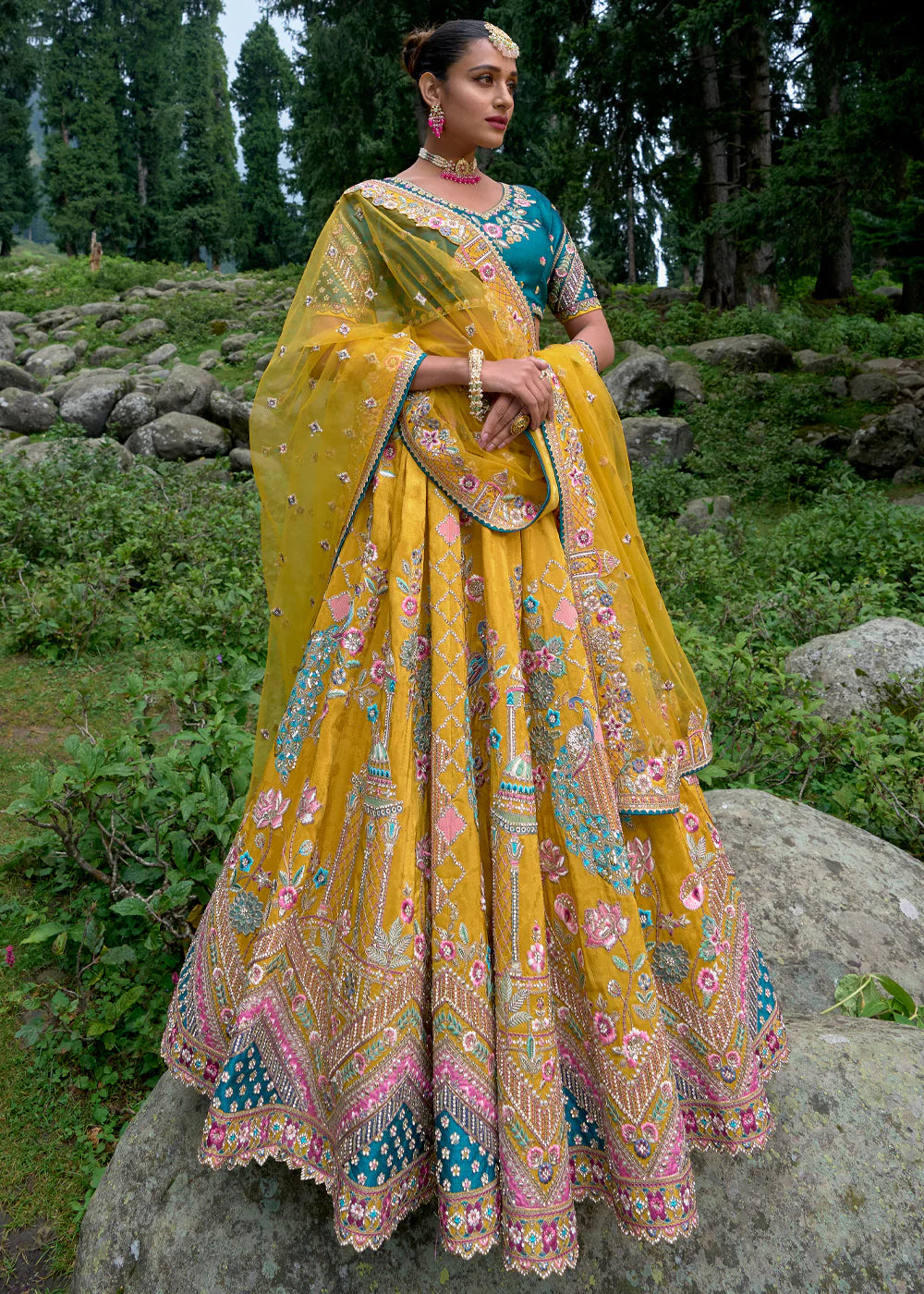 Elegant Mustard Yellow Circular Lehenga Set in Gudwal Self Pure Viscos with Silk Blouse and Rama Net Dupatta