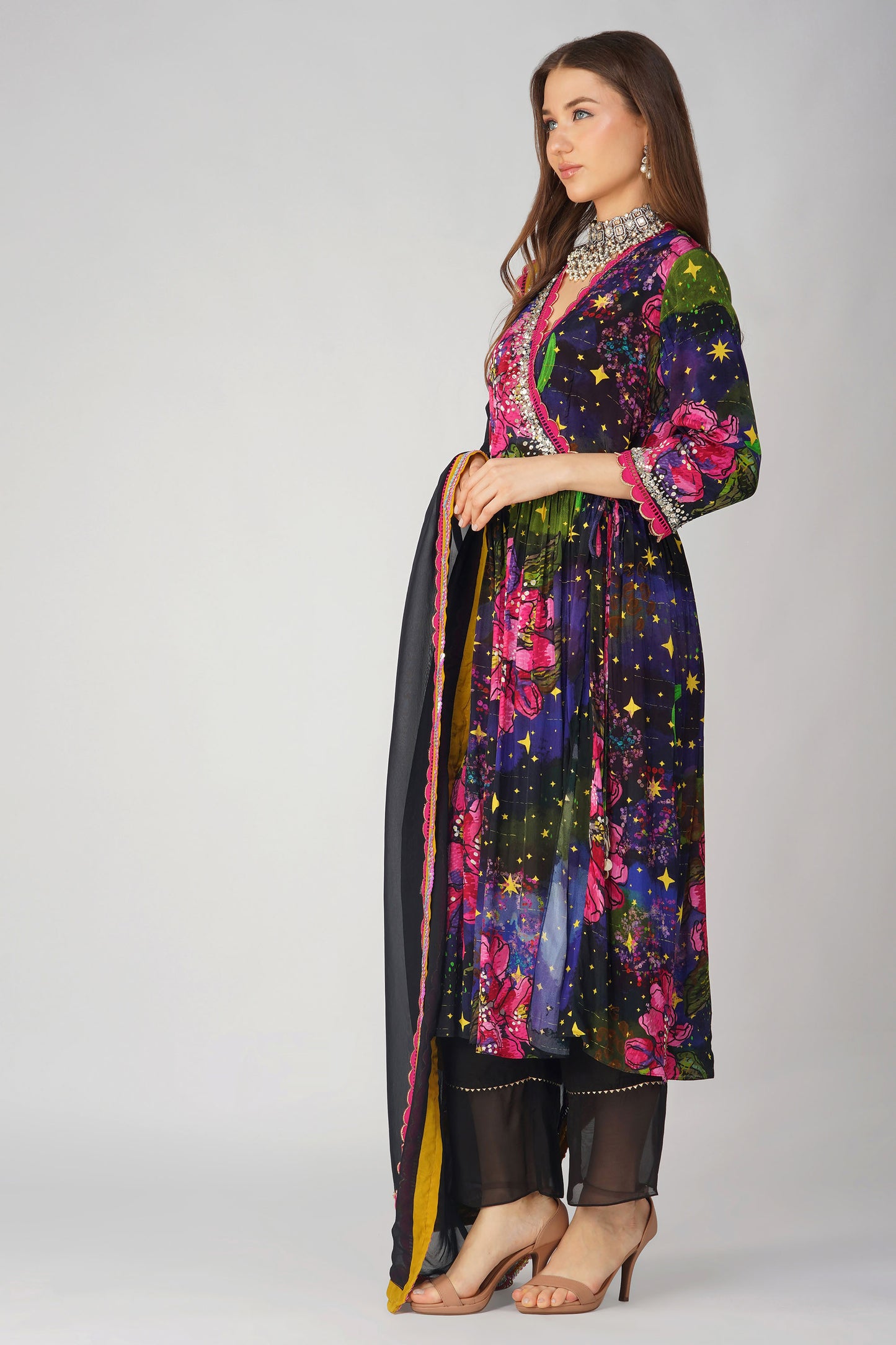 Black Crepe Big Flower Angrakha Set