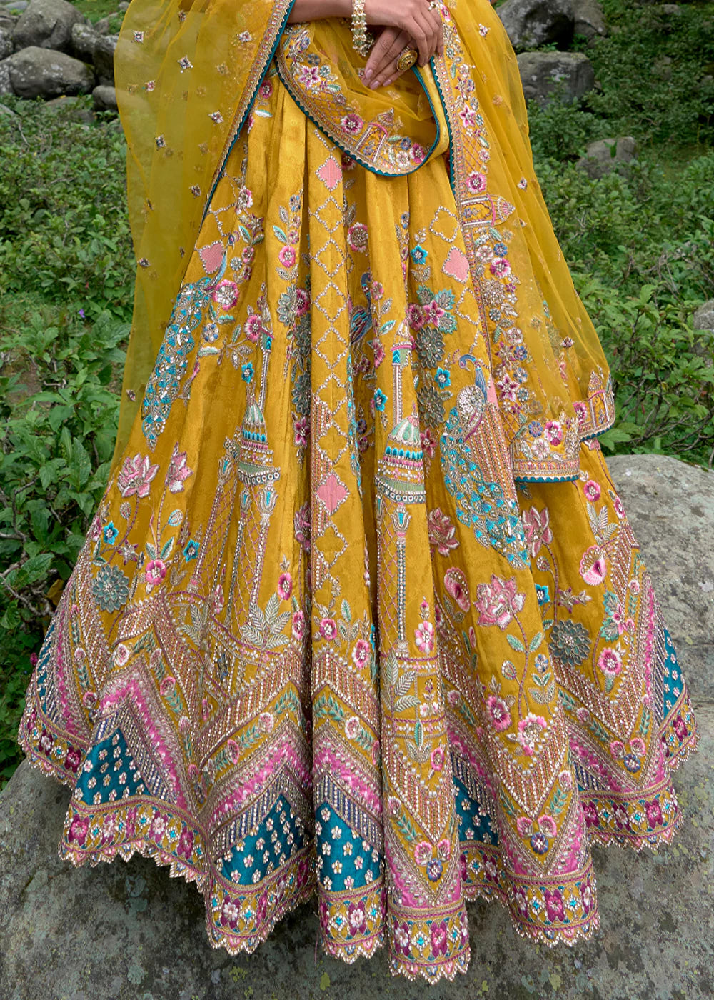 Elegant Mustard Yellow Circular Lehenga Set in Gudwal Self Pure Viscos with Silk Blouse and Rama Net Dupatta