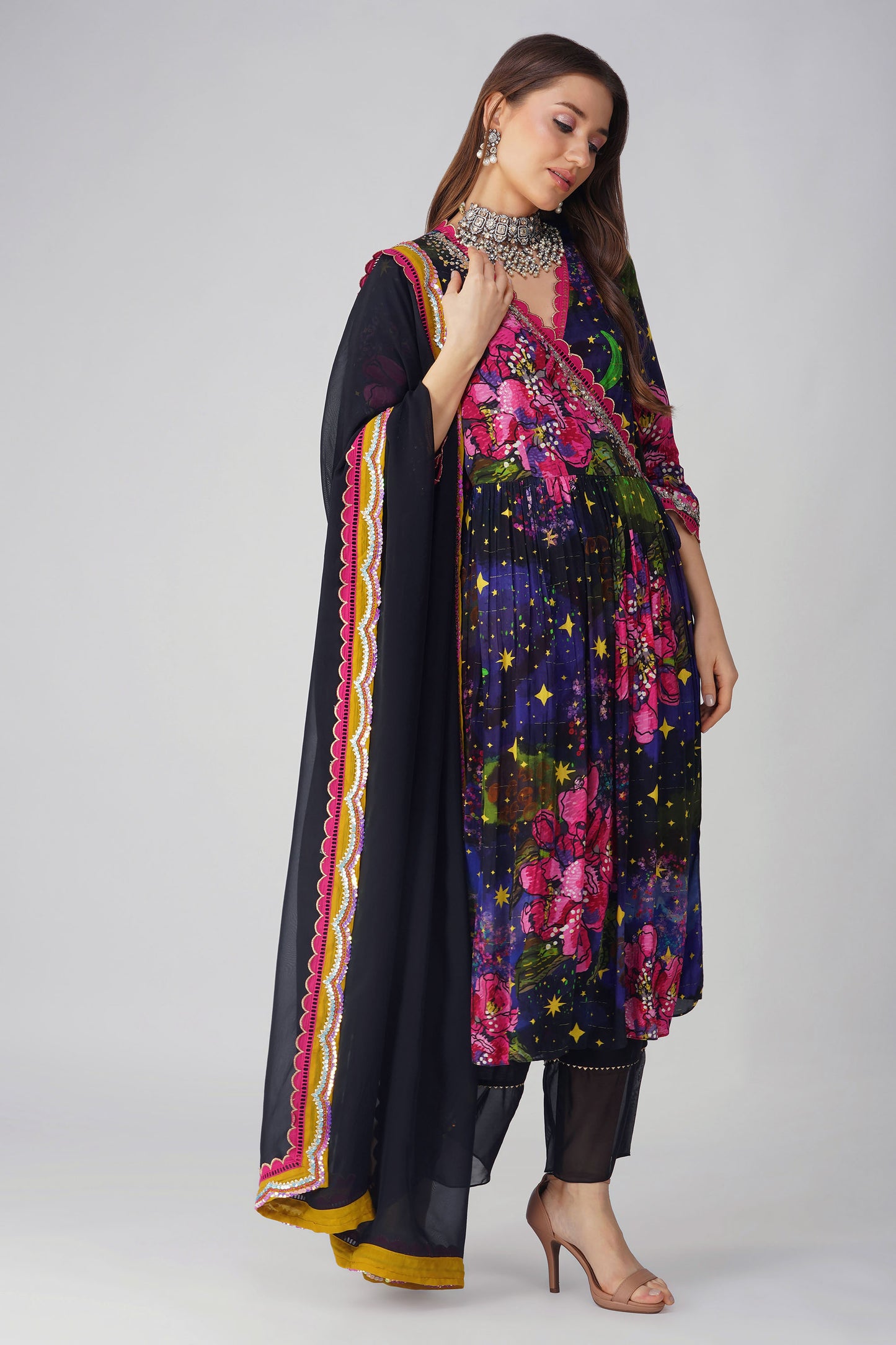 Black Crepe Big Flower Angrakha Set