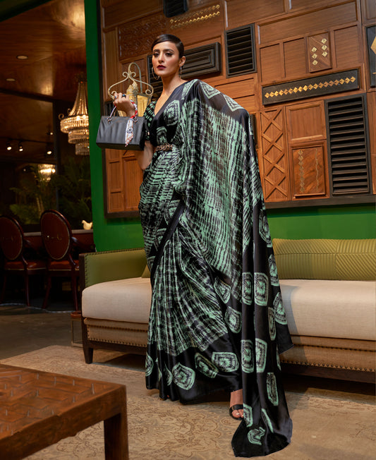 Green and Black abstract Kalizey Printed Japan Satin Saree