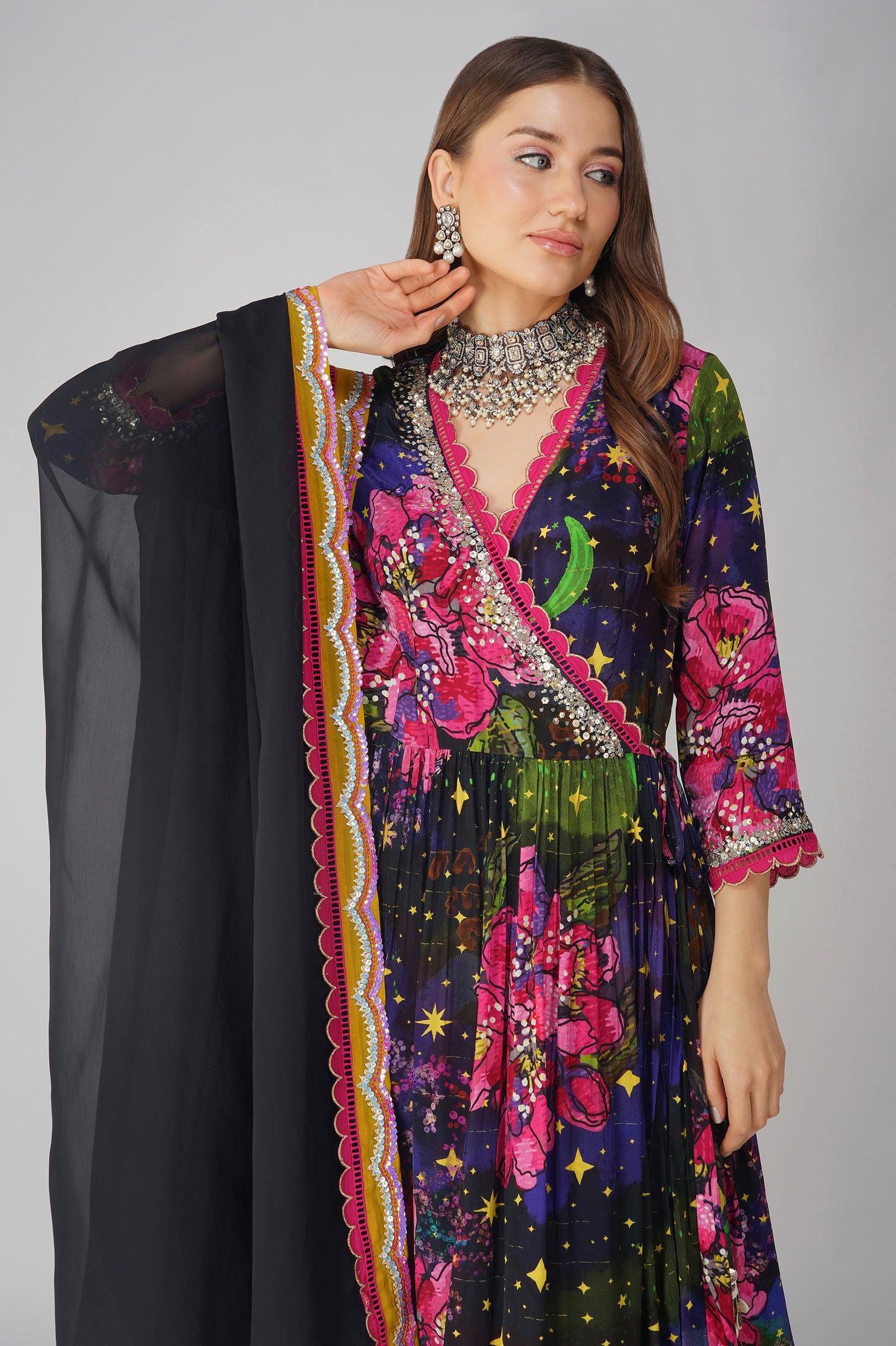 Black Crepe Big Flower Angrakha Set