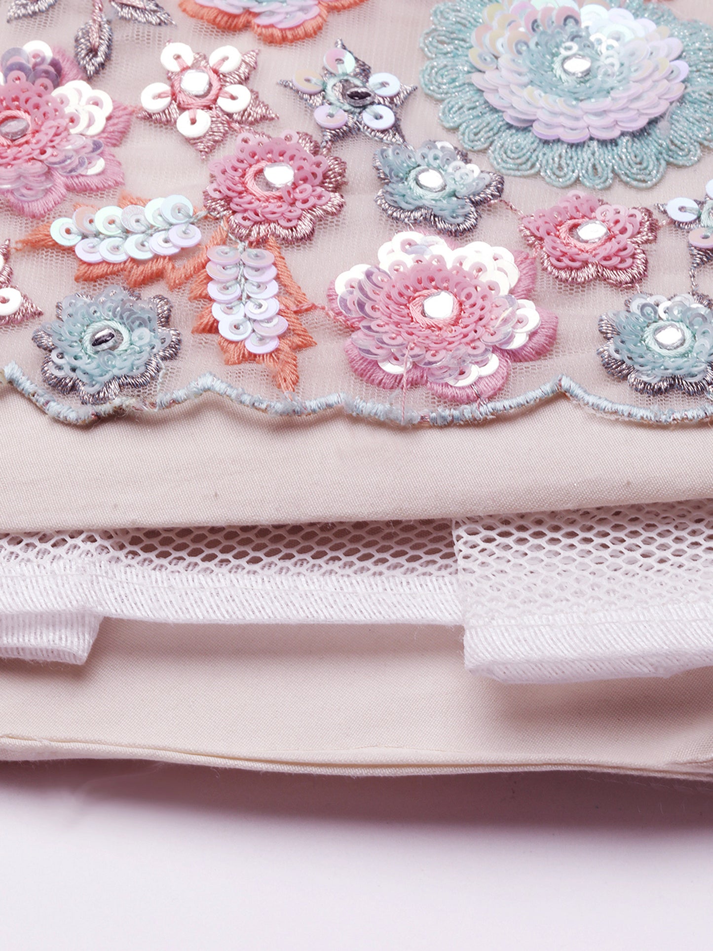 Cream Net Sequins, Mirror and thread embroidery Lehenga