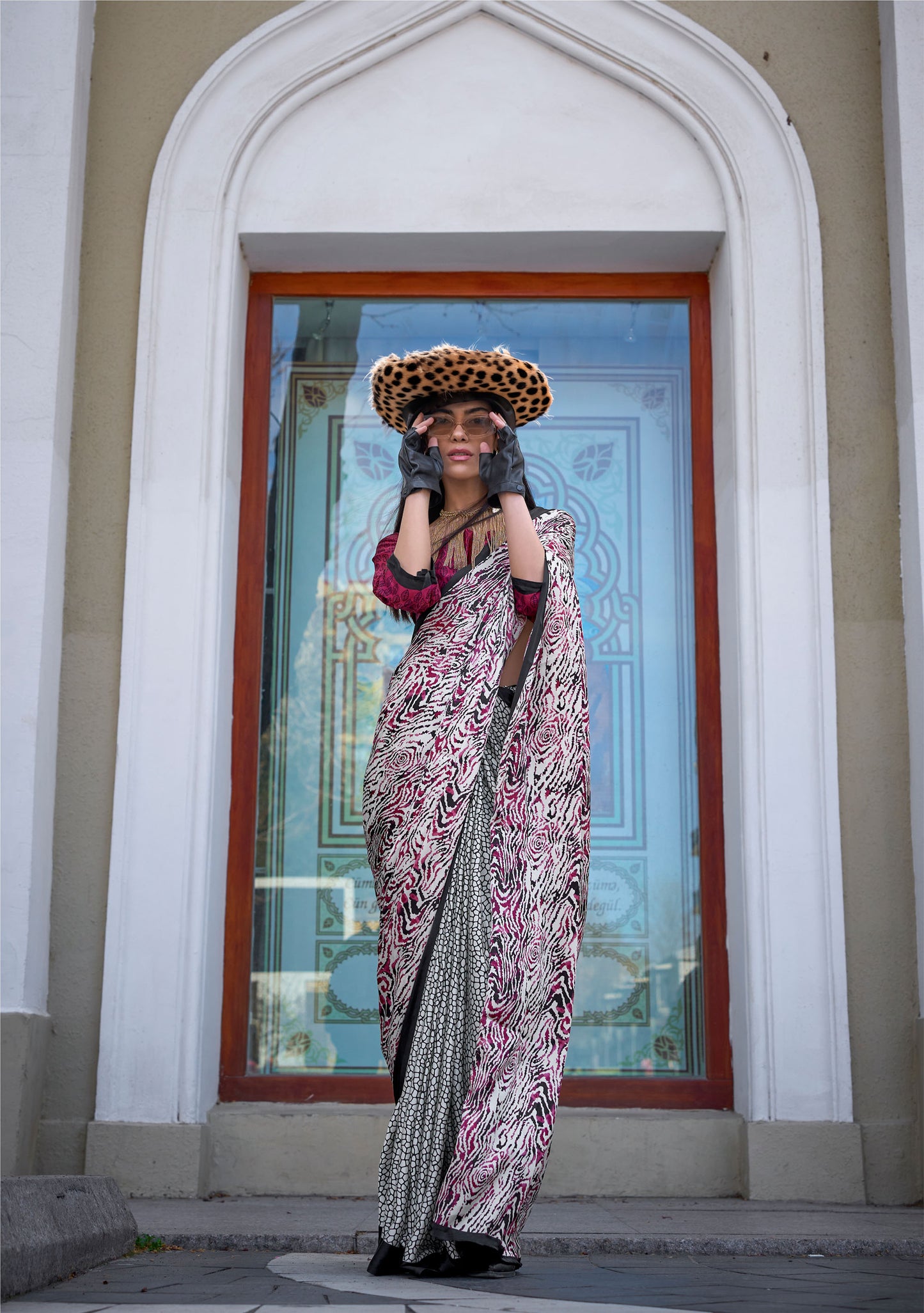 White and Magenta Abstract Kazule Contemporary Satin Crepe Saree