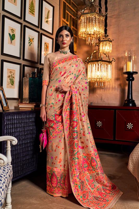 Cream Kashmiri Khyber Handloom silk Saree