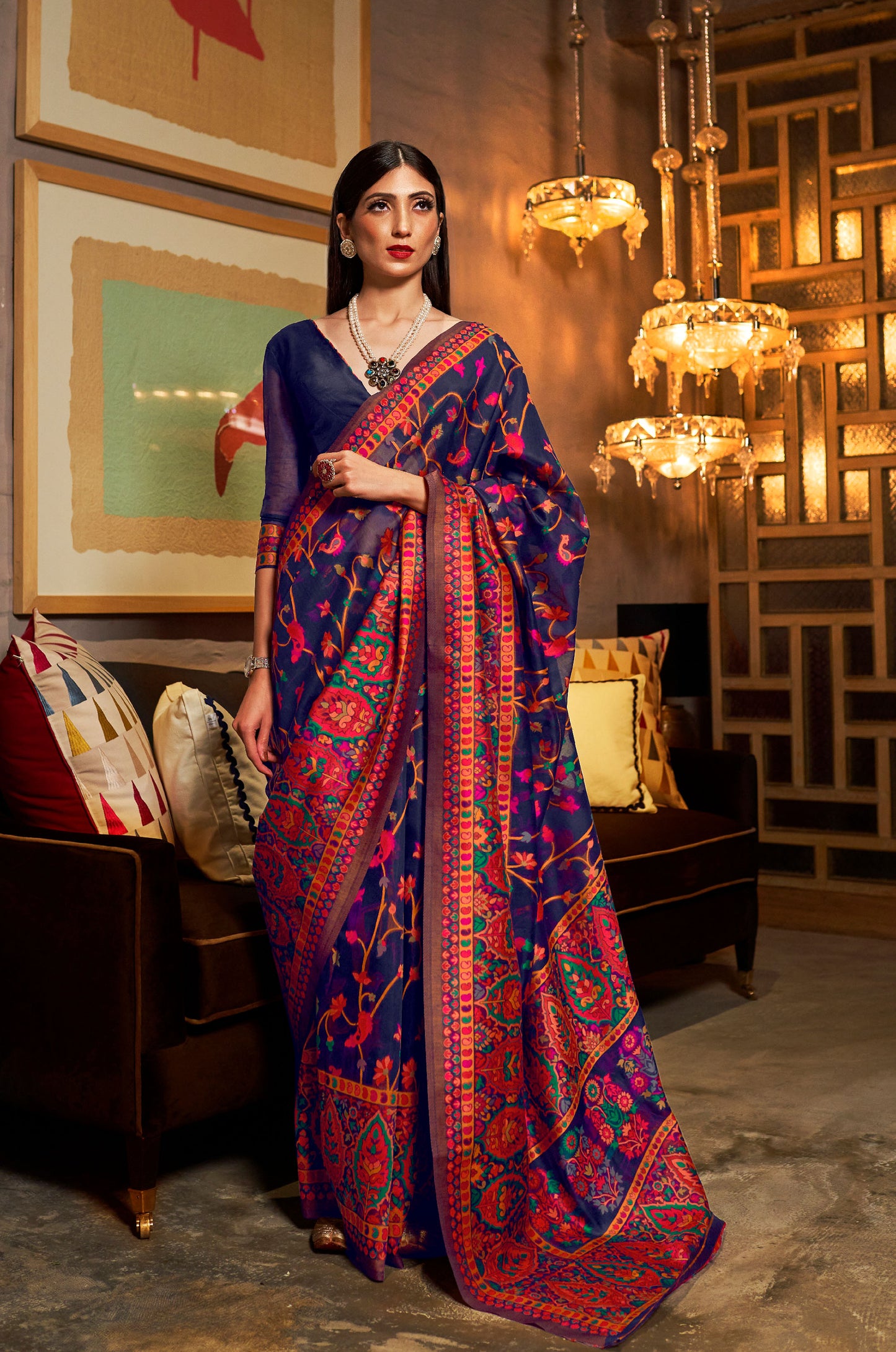 Dark Blue Kashmiri Khyber Handloom silk Saree