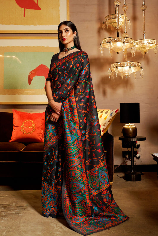 Black Kashmiri Khyber Handloom silk Saree