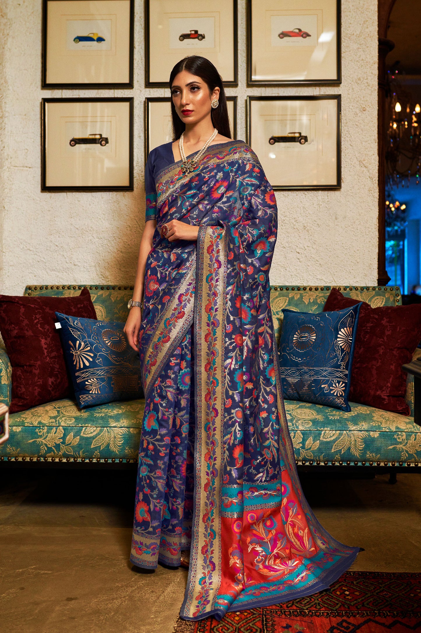 Navy Blue Kashmiri Khyber Handloom silk Saree