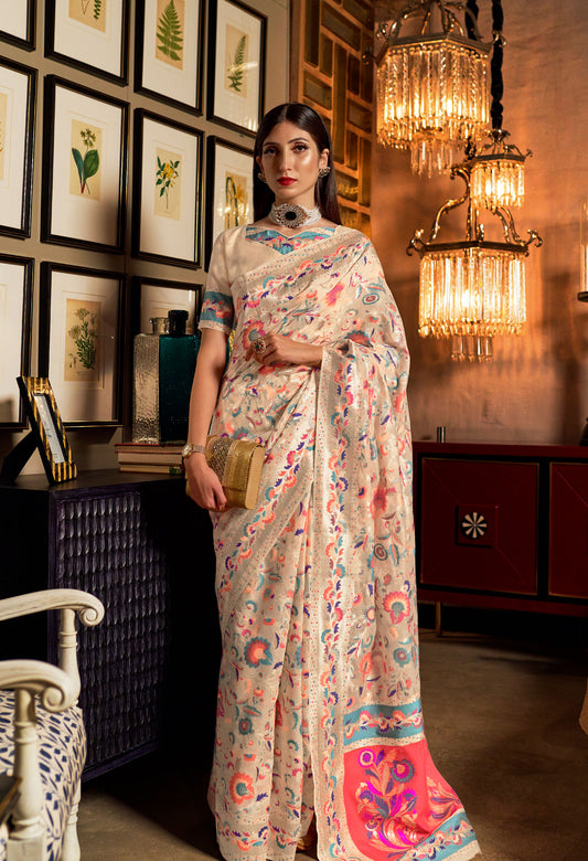 Off White Kashmiri Khyber Handloom silk Saree