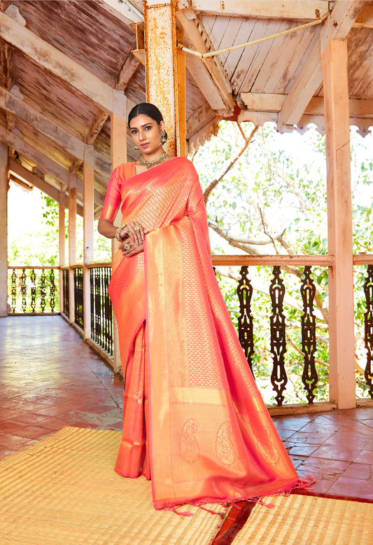 Orange Kandini Silk Handloom Woven Saree