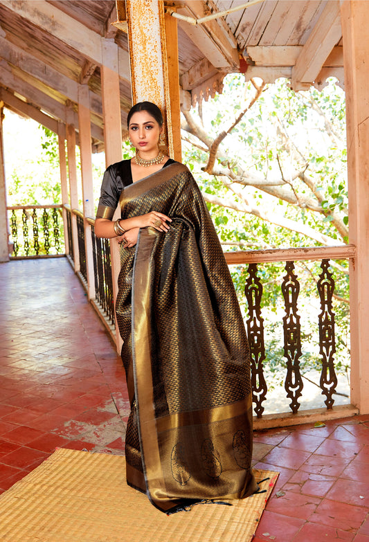 Black Kandini Silk Handloom Woven Saree