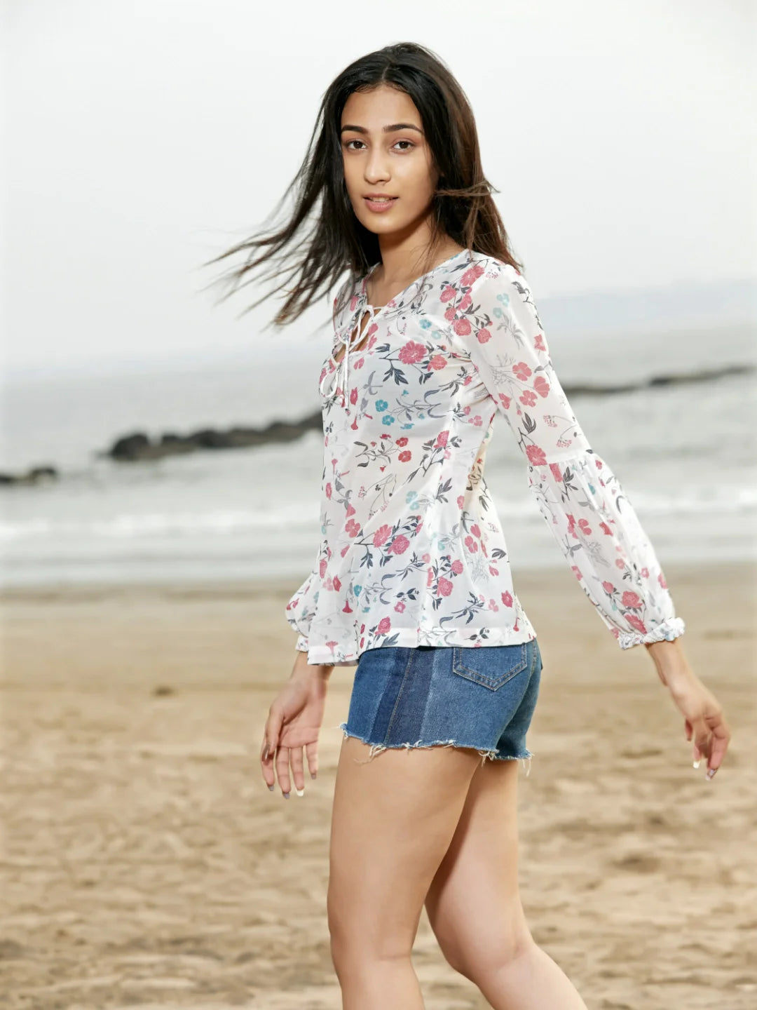 White and Pink Floral Print Georgette Straight Top