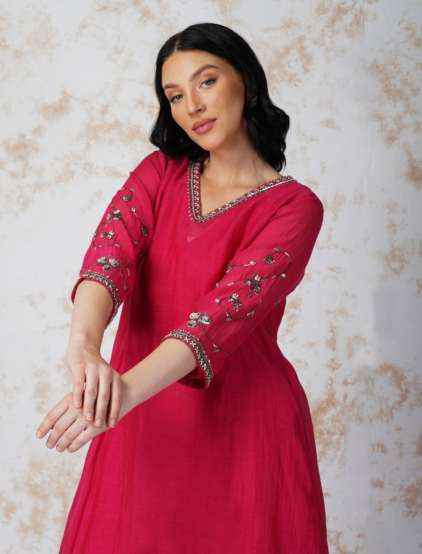 Antique Work Rani Pink Kurta Set