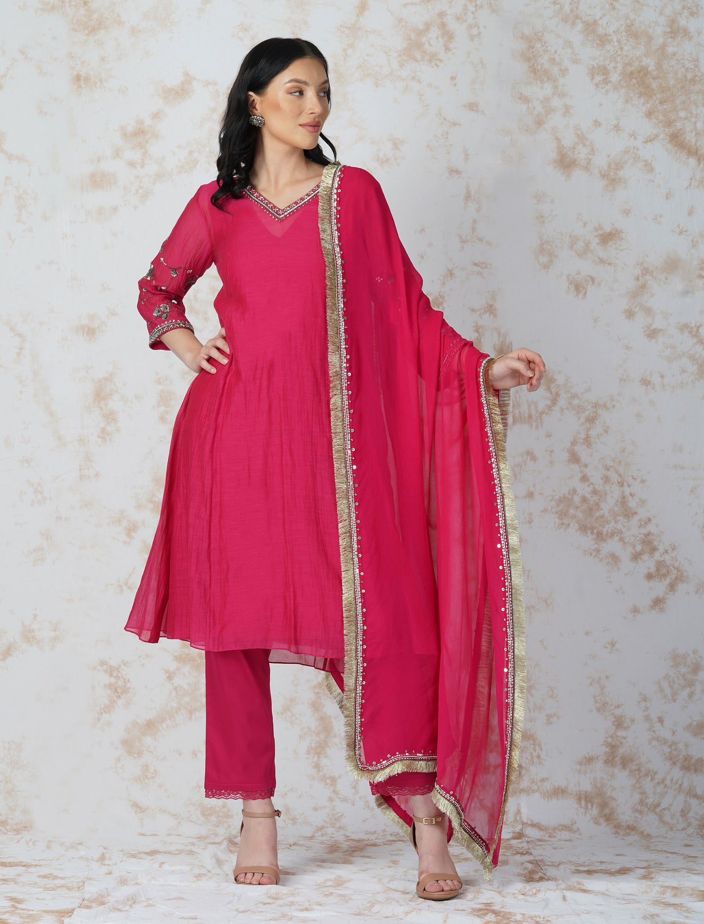 Antique Work Rani Pink Kurta Set