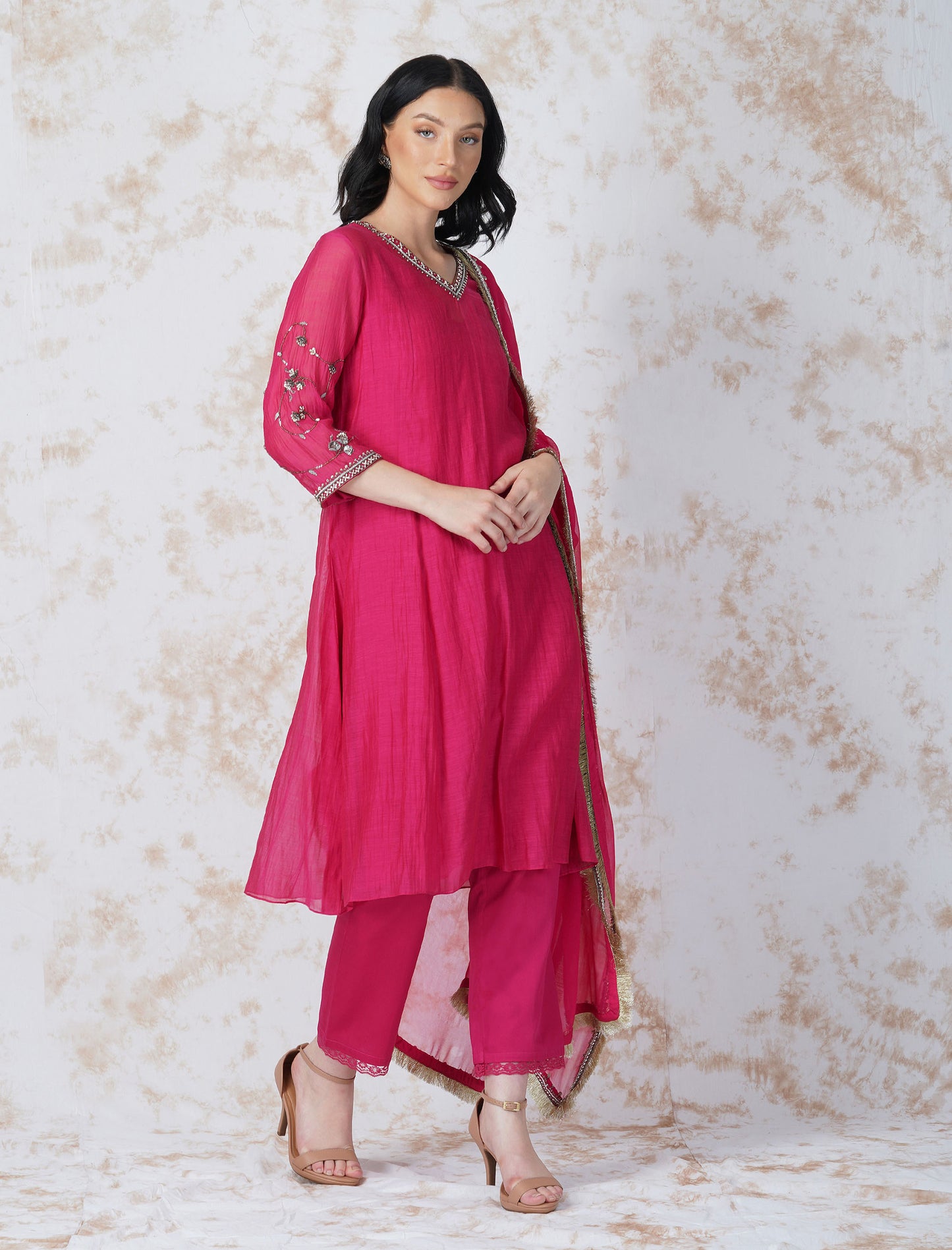 Antique Work Rani Pink Kurta Set