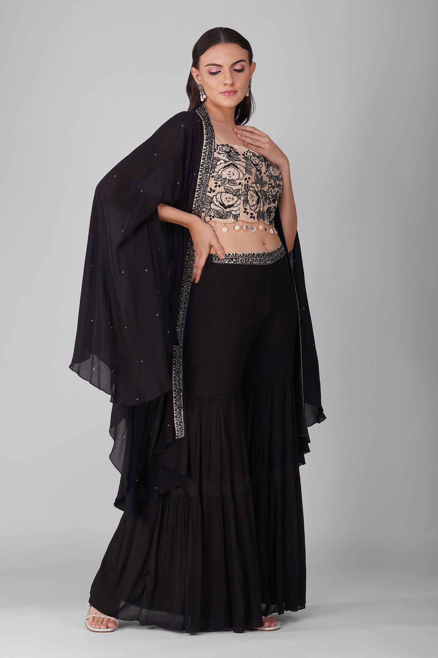 Starry Rose Cape and Black Garara Set