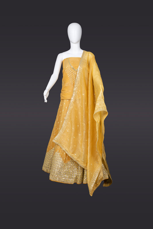 Mustard Yellow Organza Tissue Silk Haldi Lehenga