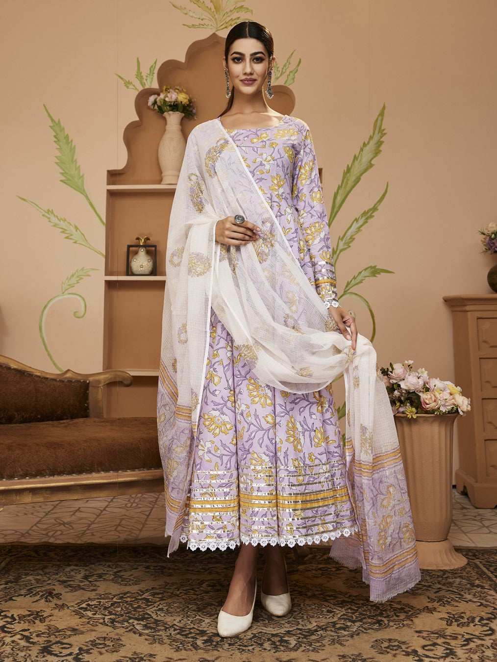 Handblock Printed Lavender Anarkali Cotton Kurta With Trousers & Dupatta