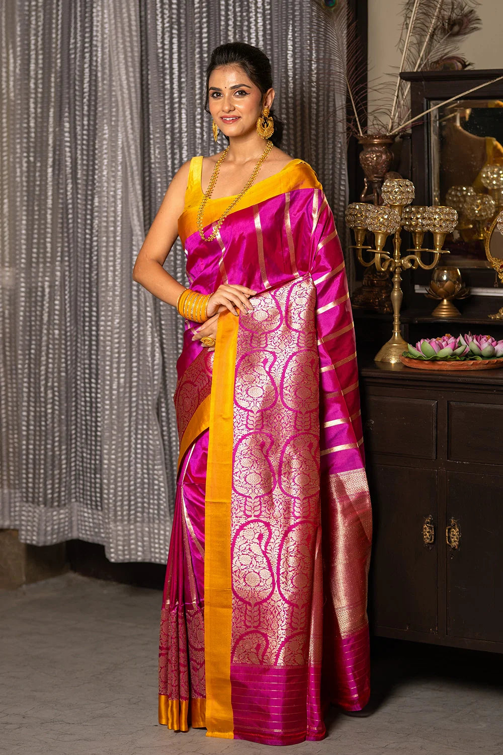 Handloom Hot Pink Pure Silk Banarasi Saree with Yellow Border