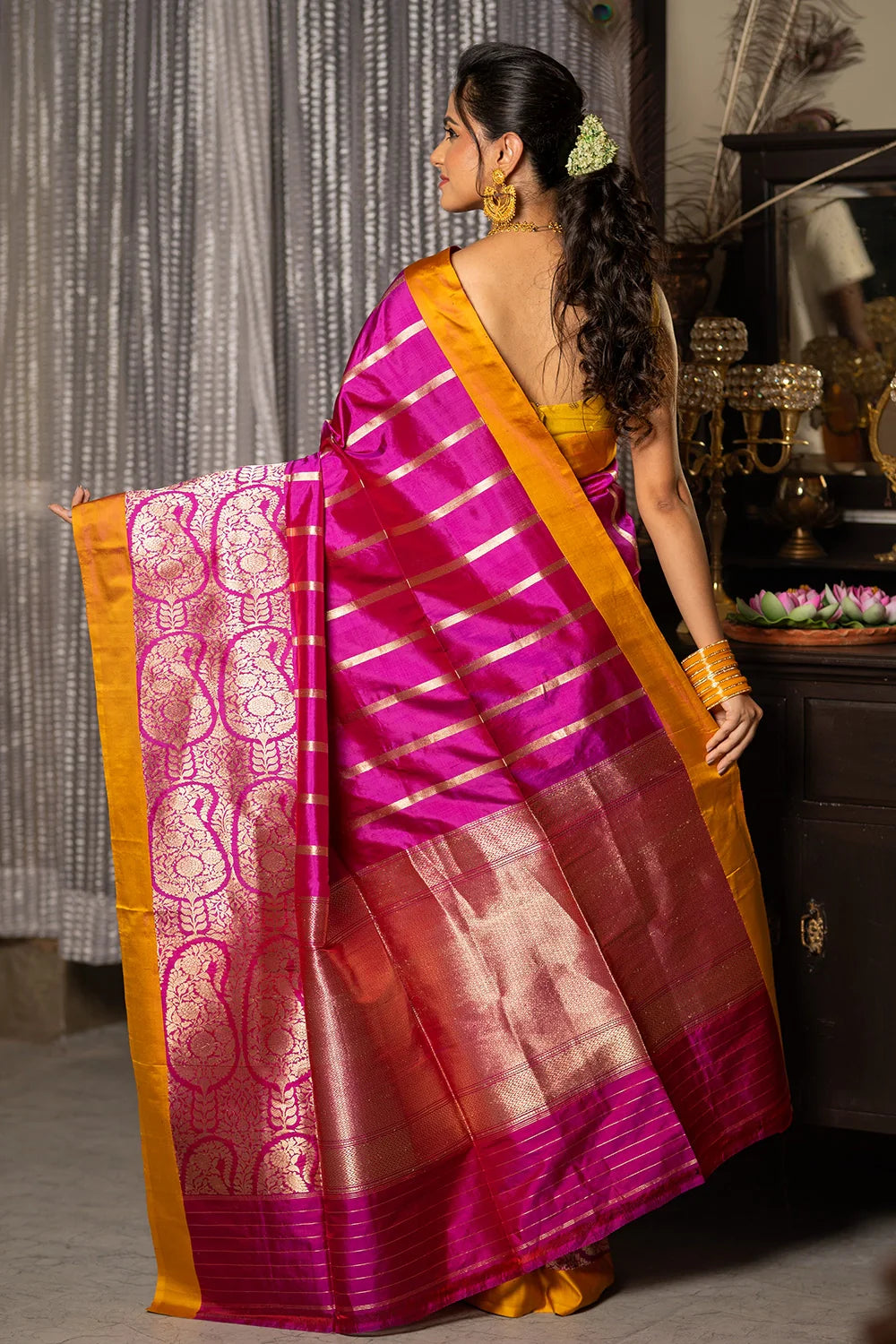 Handloom Hot Pink Pure Silk Banarasi Saree with Yellow Border